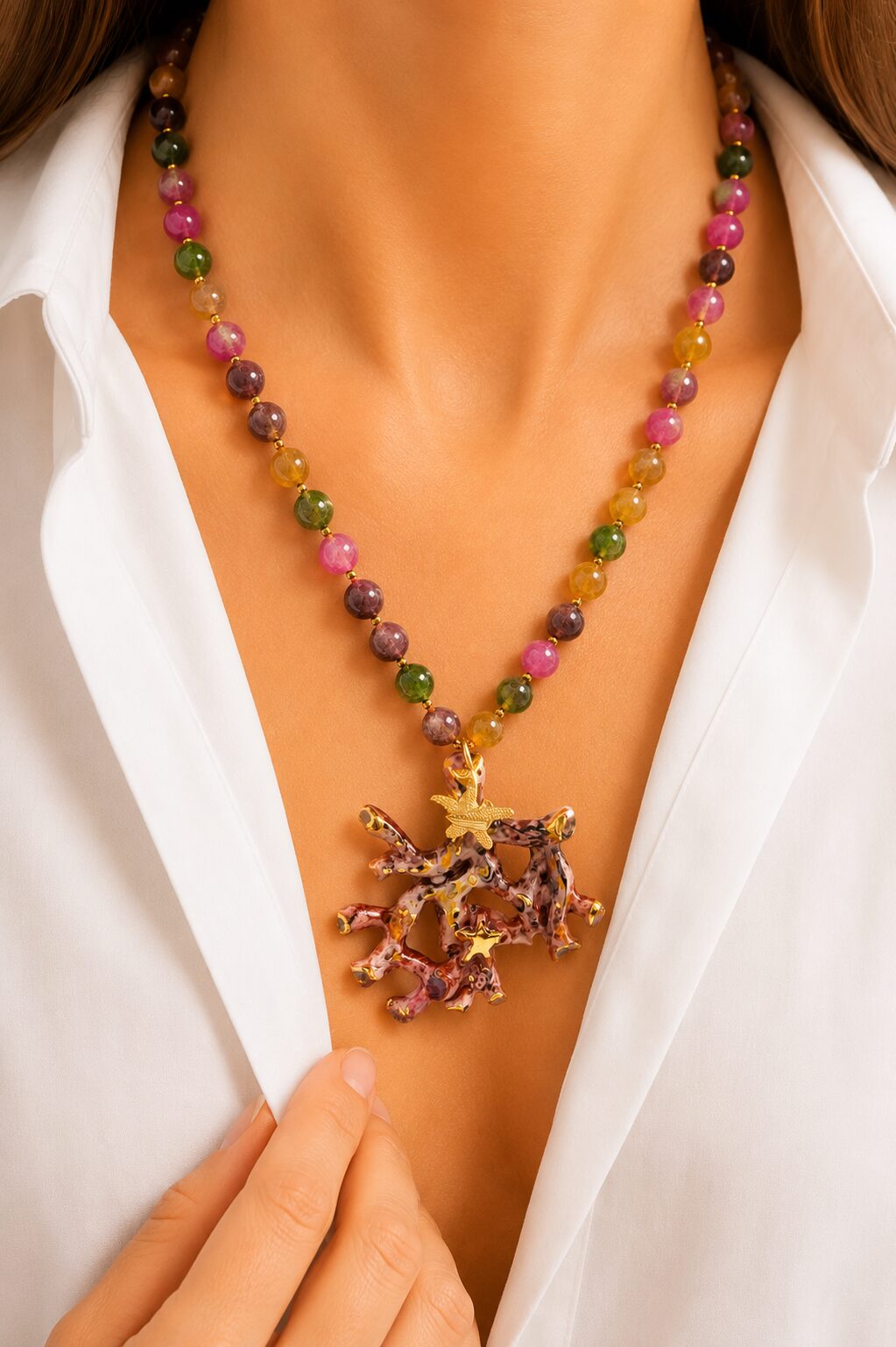COLLANA-RAMO-CORALLO-CERAMICA-DI-CALTAGIRONE-SICILIANA-TORMALINE-MULTICOLORE-ARGENTO