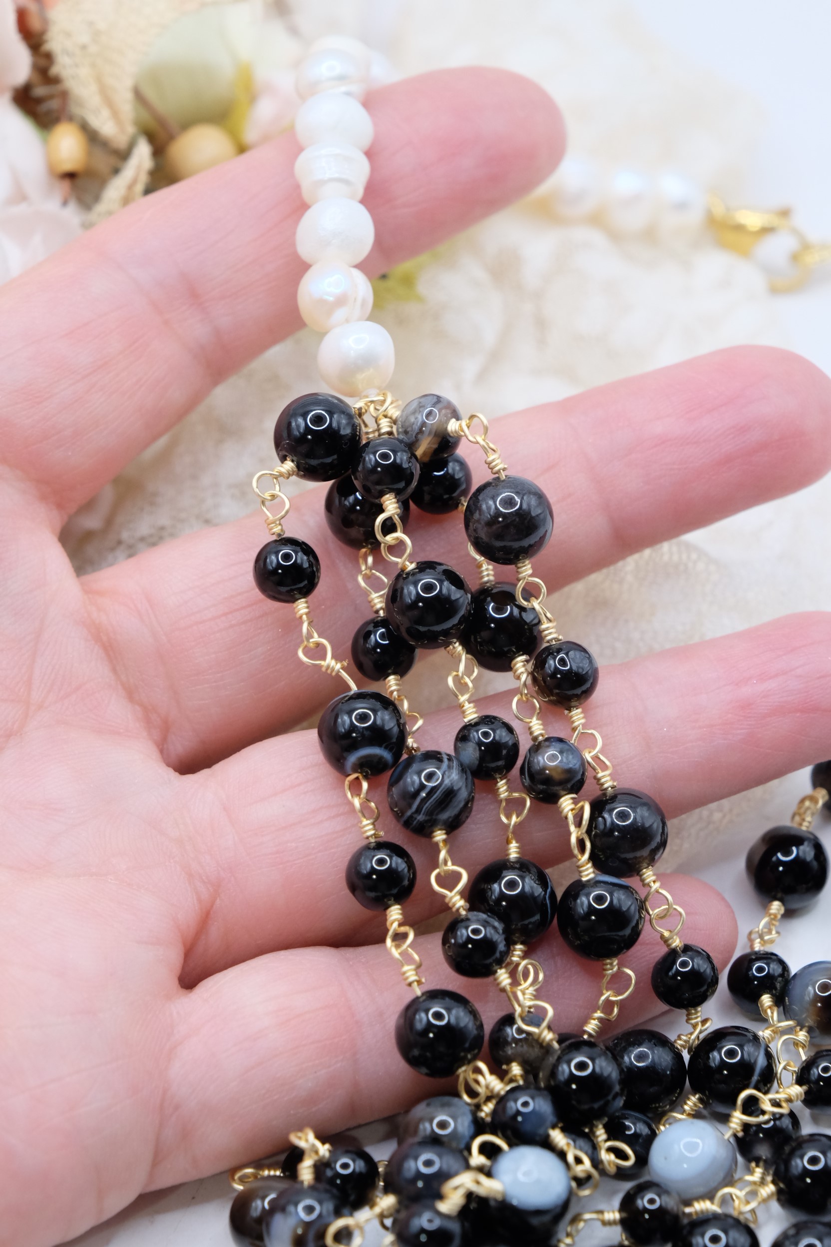 COLLANA ROSARIO MULTIFILO ARTIGIANALE AGATA NERA PERLE CAMMEO DI TORRE DEL GRECO (12)