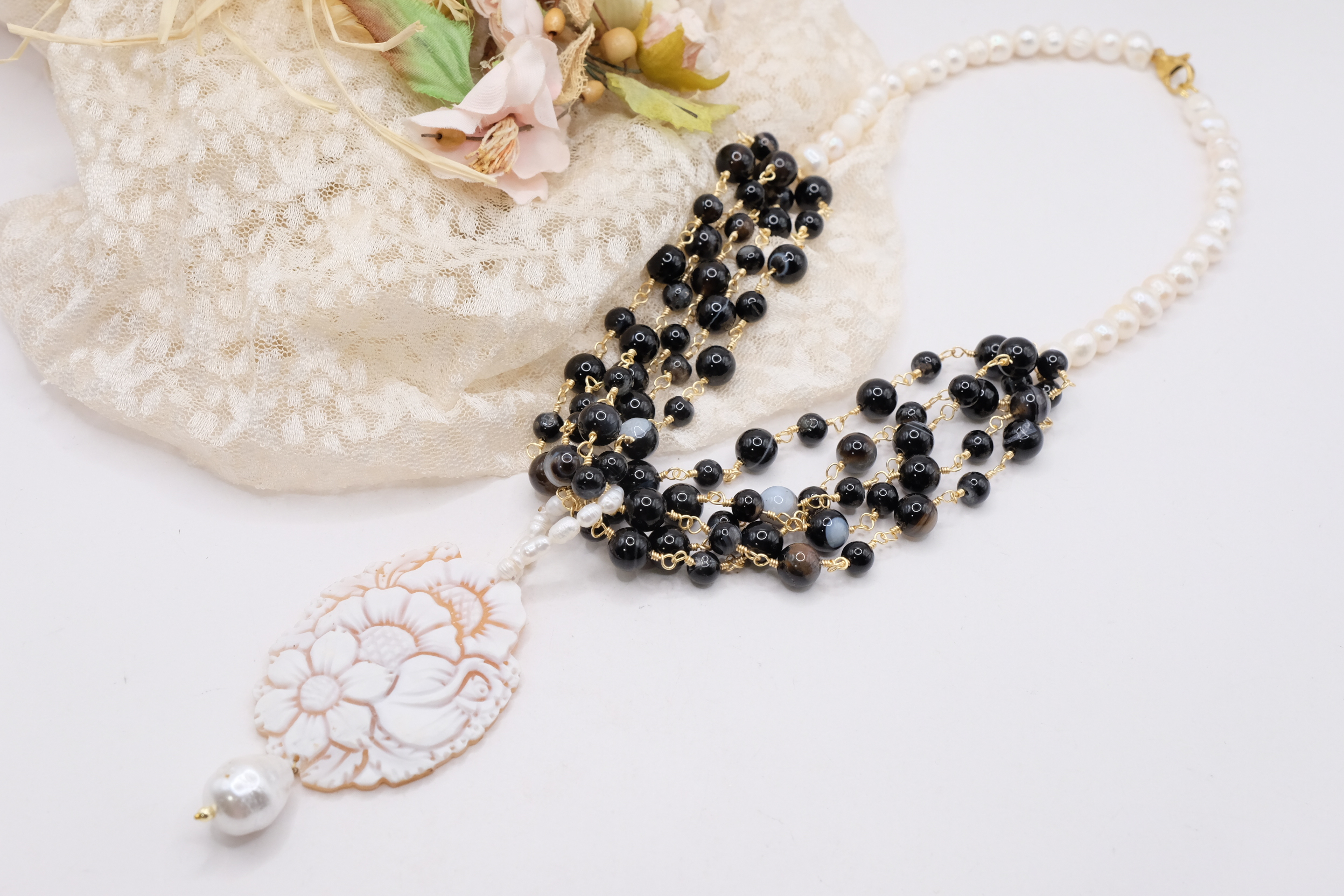 COLLANA ROSARIO MULTIFILO ARTIGIANALE AGATA NERA PERLE CAMMEO DI TORRE DEL GRECO (7)