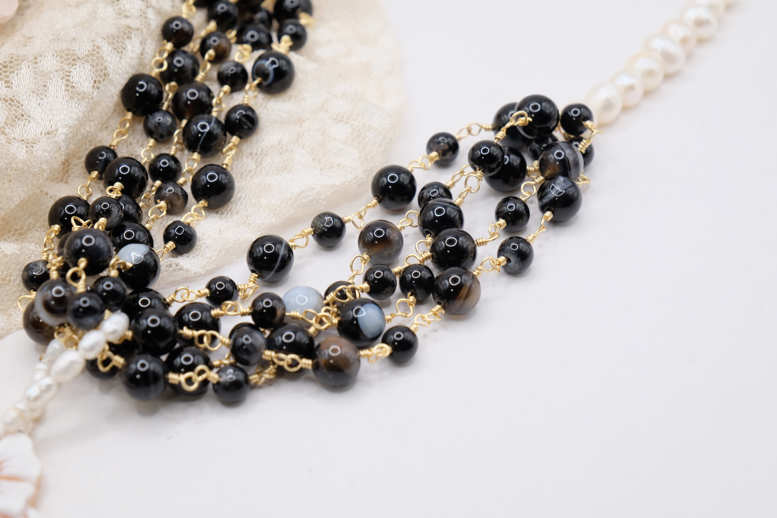 COLLANA ROSARIO MULTIFILO ARTIGIANALE AGATA NERA PERLE CAMMEO DI TORRE DEL GRECO (9)