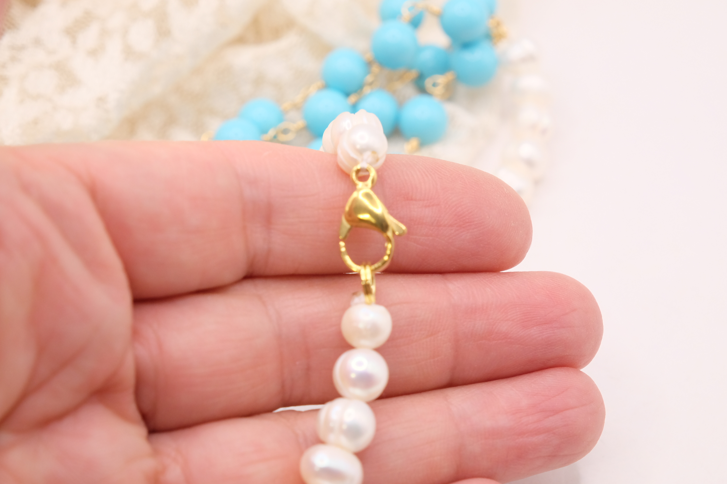COLLANA ROSARIO MULTIFILO ARTIGIANALE PASTA DI TURCHESE PERLE CAMMEO DI TORRE DEL GRECO (1)