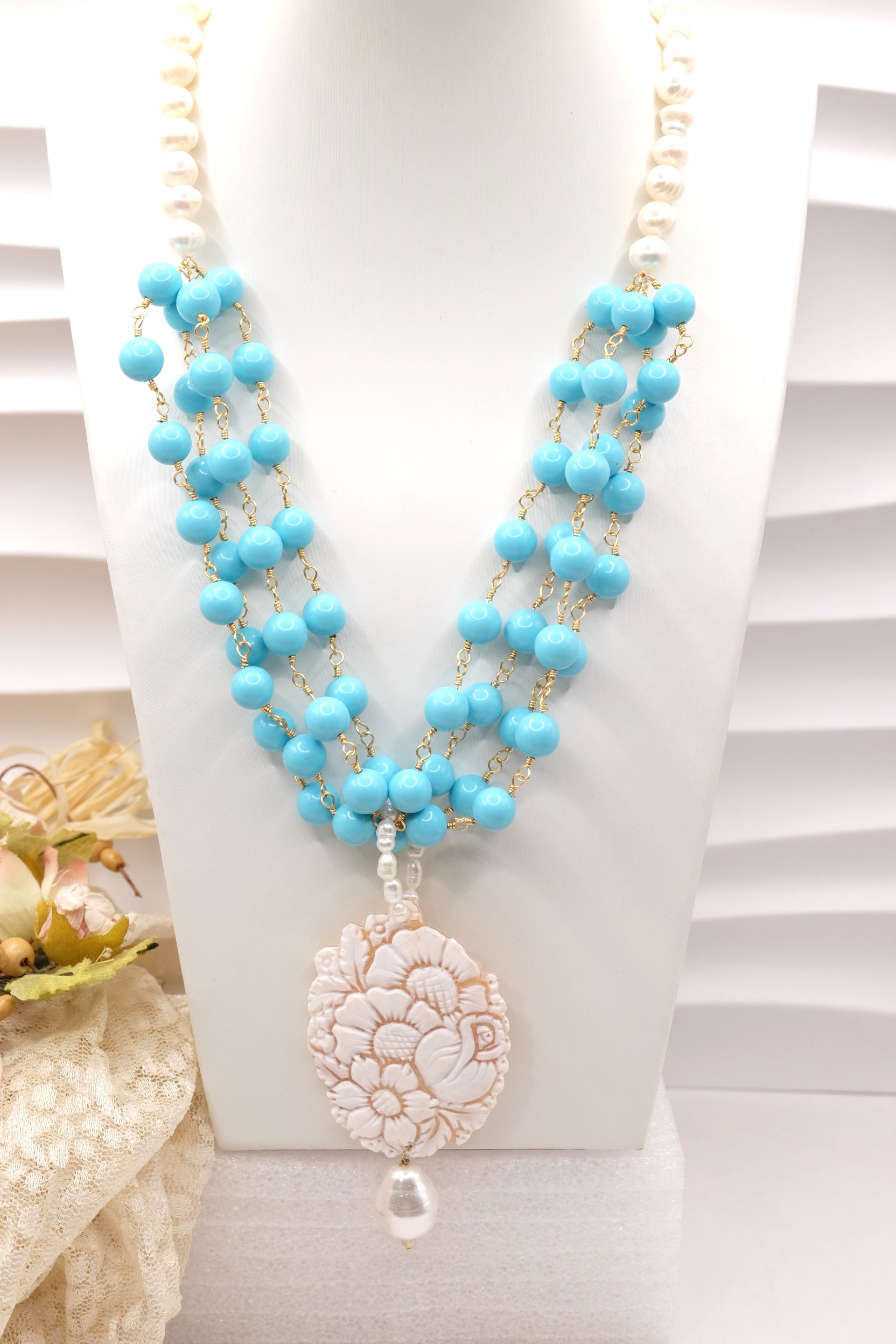 COLLANA ROSARIO MULTIFILO ARTIGIANALE PASTA DI TURCHESE PERLE CAMMEO DI TORRE DEL GRECO (2)