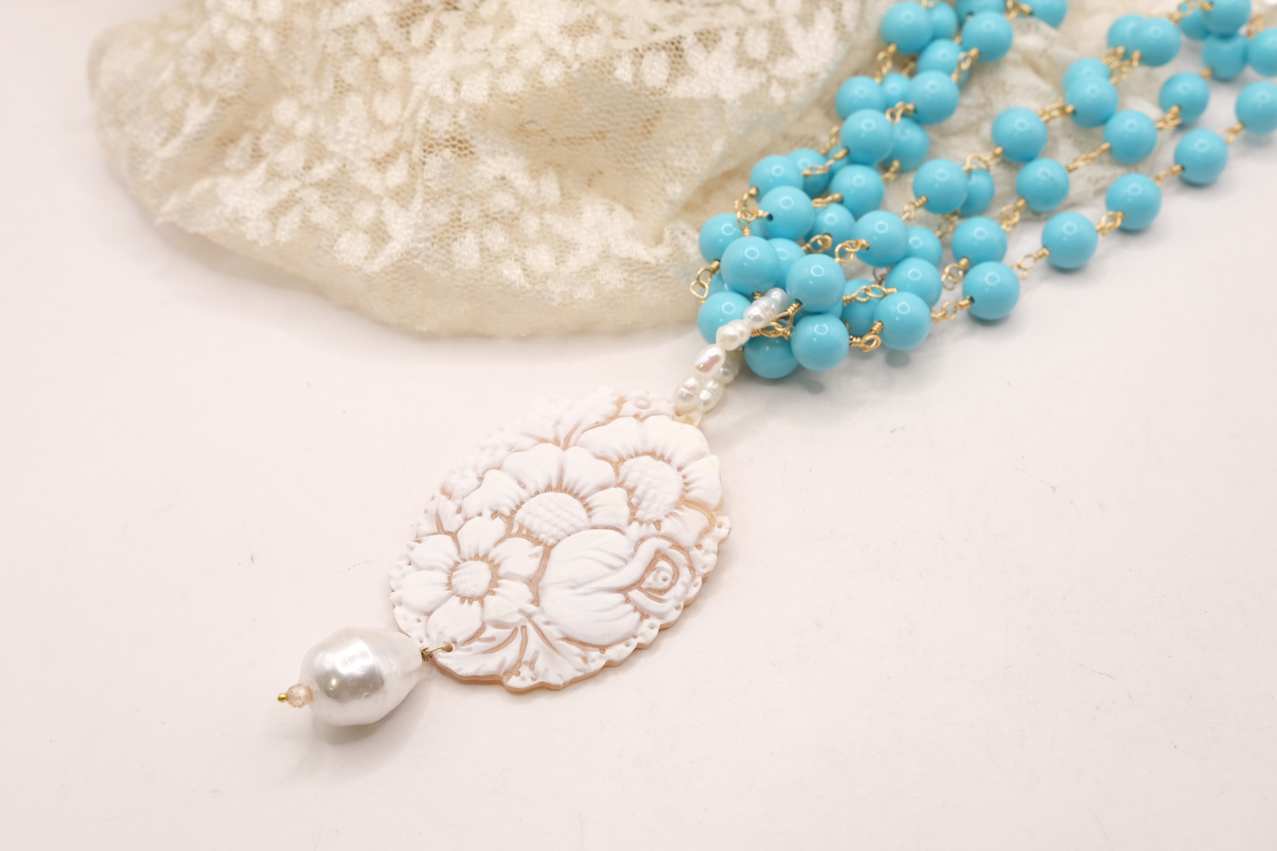 COLLANA ROSARIO MULTIFILO ARTIGIANALE PASTA DI TURCHESE PERLE CAMMEO DI TORRE DEL GRECO (4)
