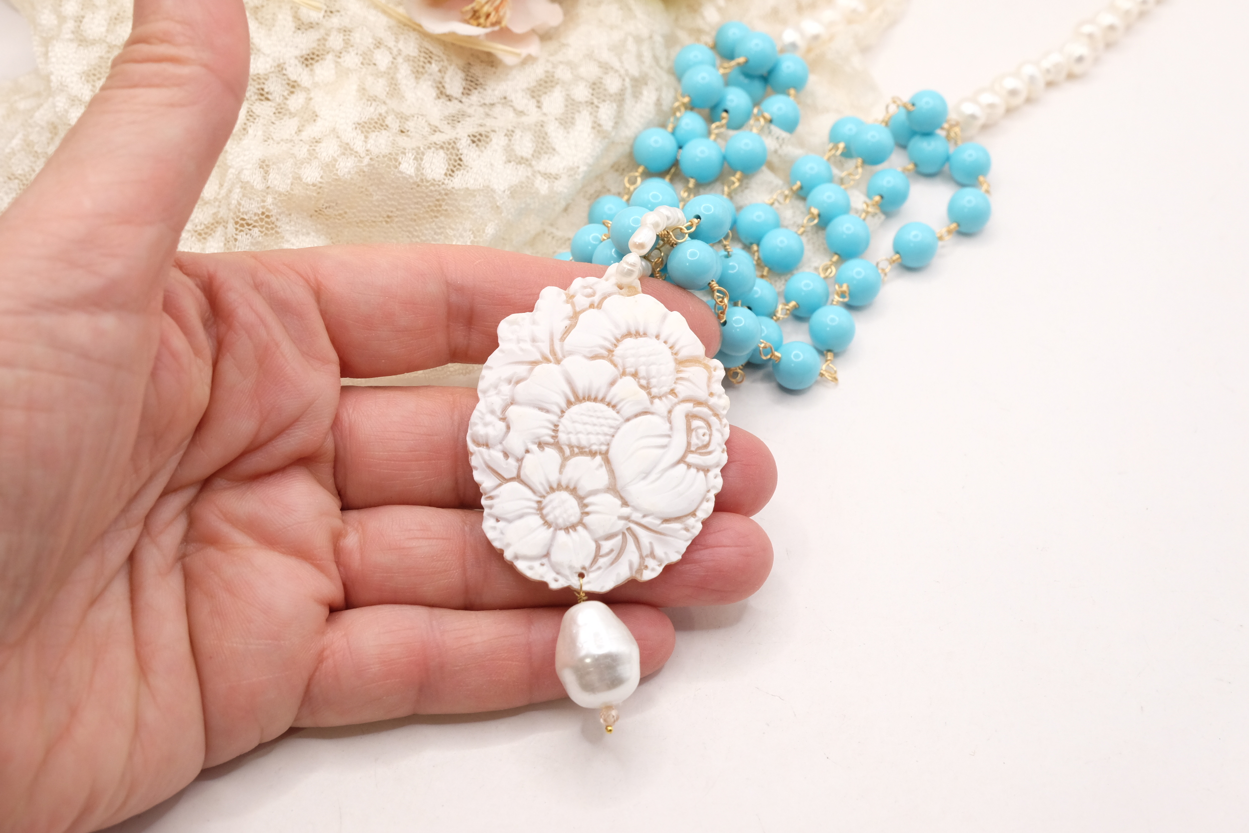 COLLANA ROSARIO MULTIFILO ARTIGIANALE PASTA DI TURCHESE PERLE CAMMEO DI TORRE DEL GRECO (5)