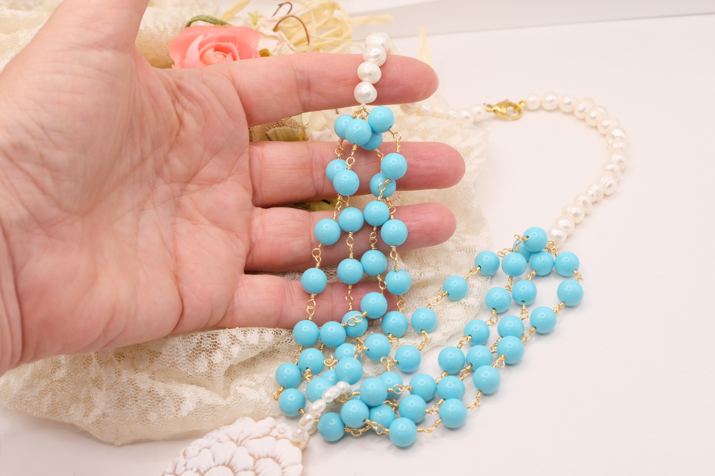 COLLANA ROSARIO MULTIFILO ARTIGIANALE PASTA DI TURCHESE PERLE CAMMEO DI TORRE DEL GRECO (6)