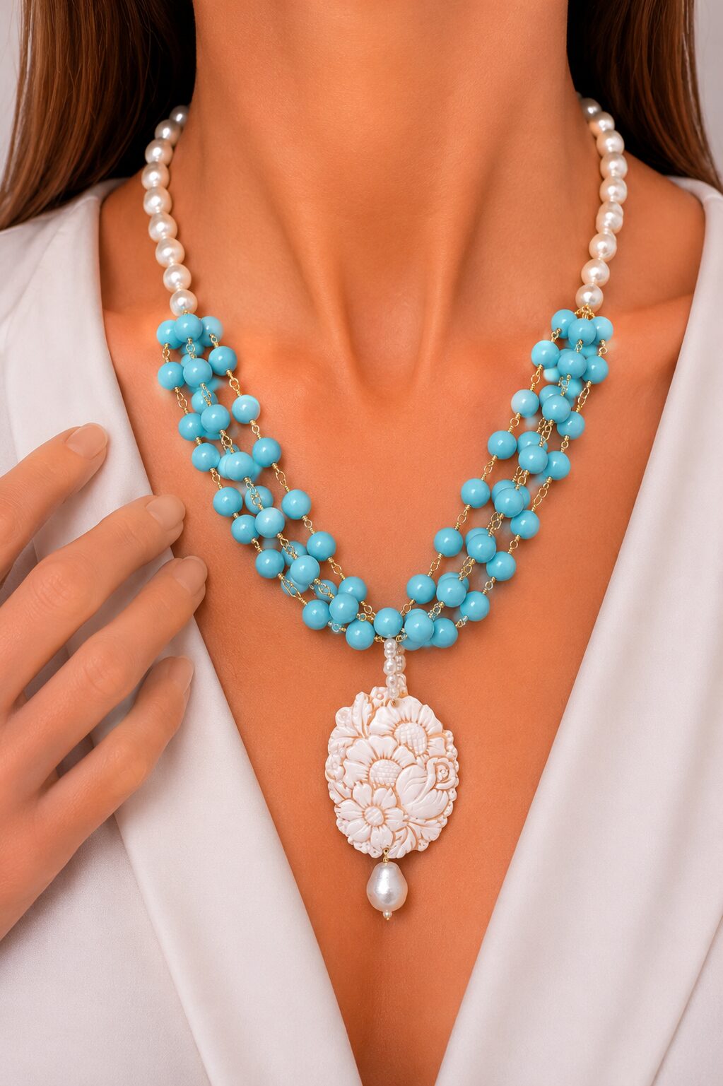 Handcrafted multi-strand rosary necklace made of turquoise paste and cameo beads from Torre del Greco.