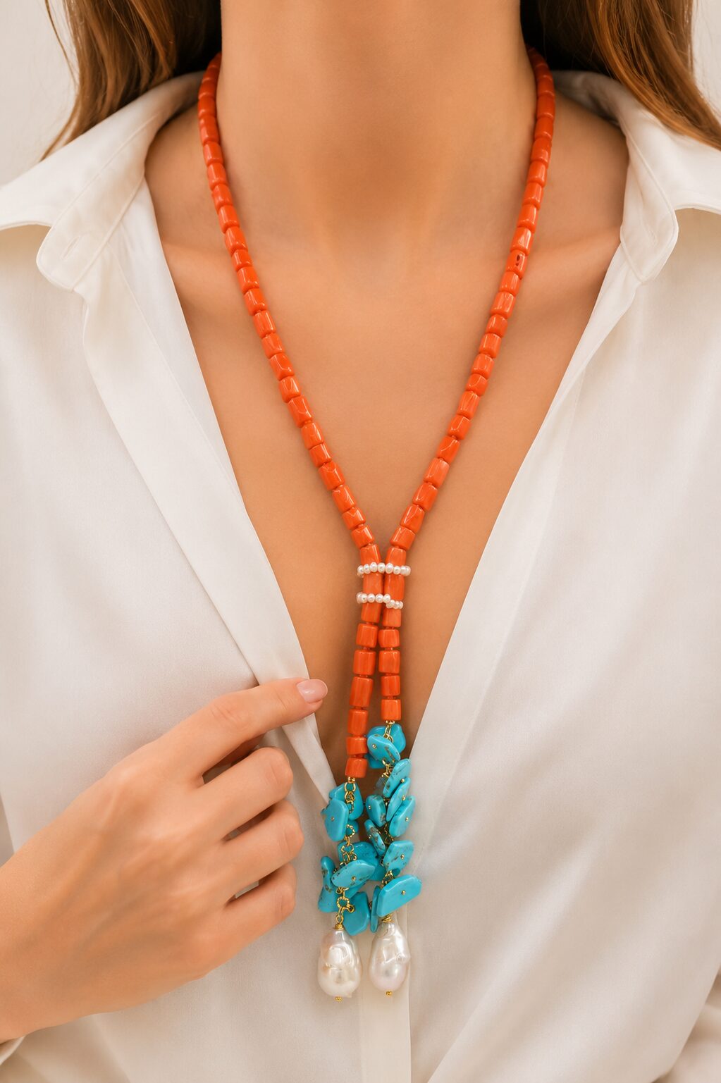 COLLANA SATUOIRE CORALLO BAMBOO TURCHESE NATURALE PERLE NATURALI ARTIGIANALE