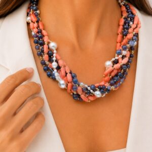 Collana Multifilo Torchon Ametista Corallo Bamboo Rosa Perle Argento