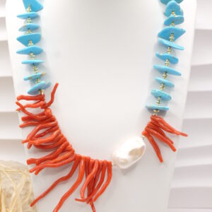Collana Asimmetrica Girocollo Turchese Corallo e Perla Naturale Argento