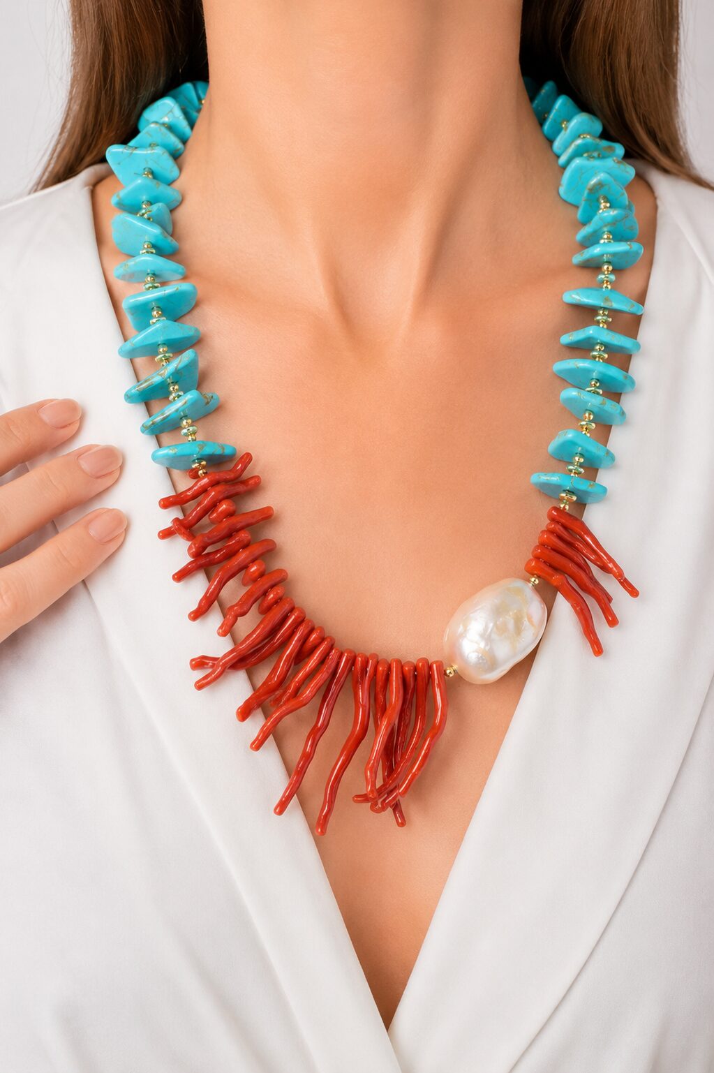 NATURAL TURQUOISE NECKLACE BAROQUE PEARL NATURAL TURQUOISE GOLD-PLATED SILVER