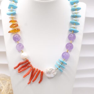 Collana Asimmetrica Girocollo Turchese Corallo Perle Ametista Argento Ambra