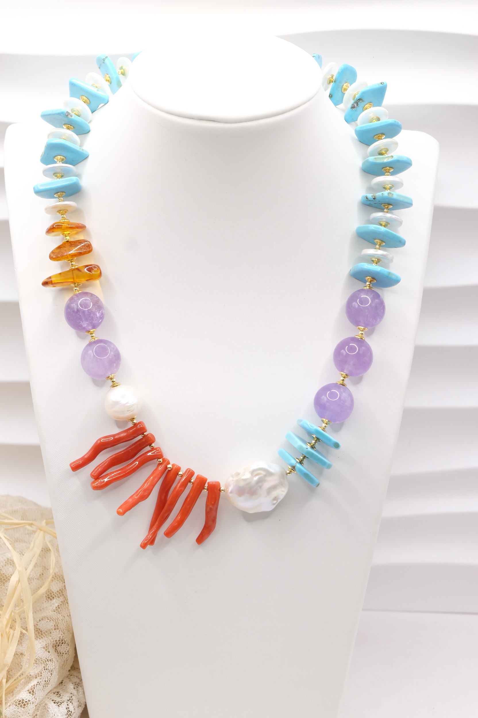 COLLANA TURCHESE NATURALE PERLE A DISCHETTO TURCHESE NATURALE CORALLO DEL MEDITERRANEO AMBRA DEL BALTICO ARGENTO DORATO (1)