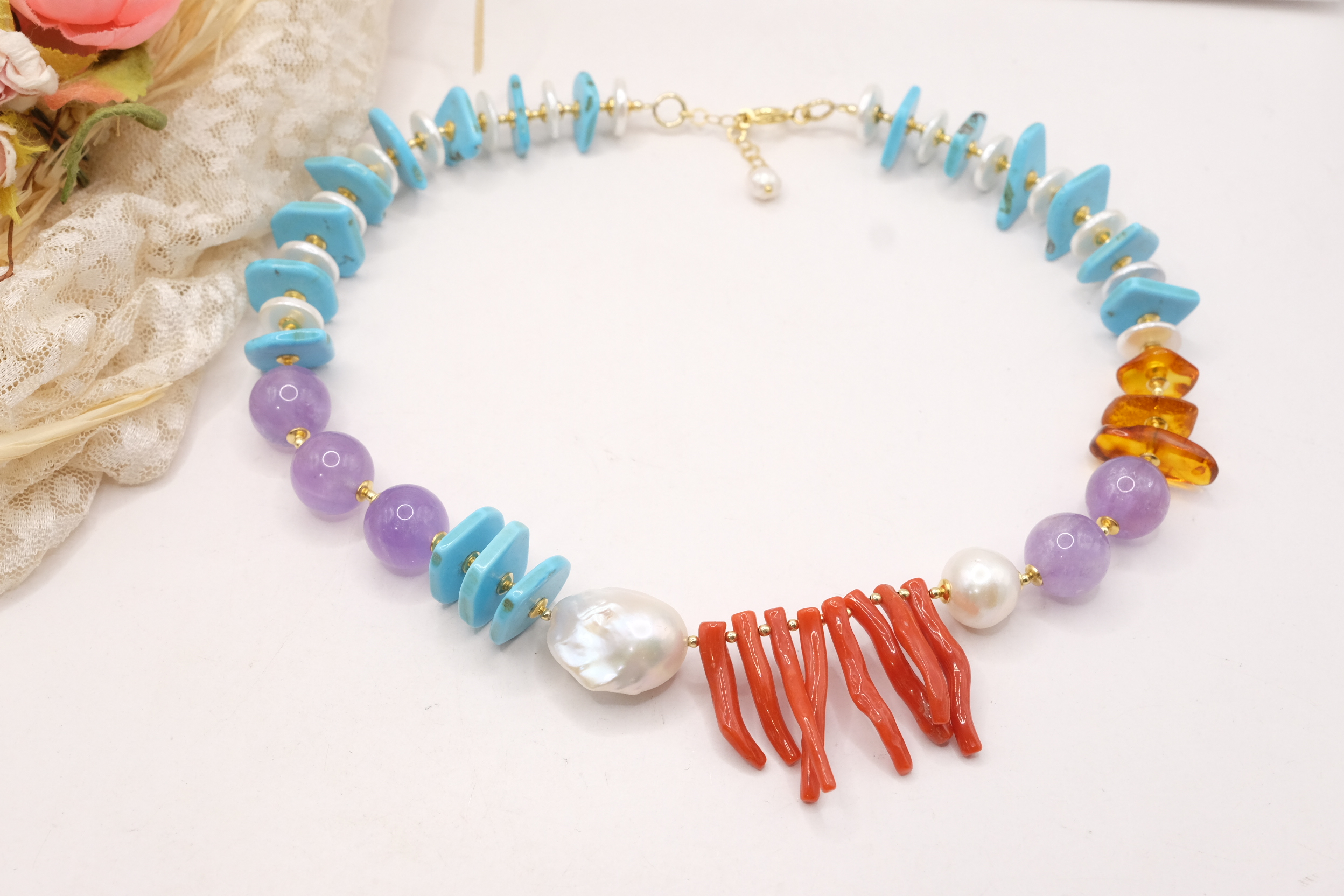 COLLANA TURCHESE NATURALE PERLE A DISCHETTO TURCHESE NATURALE CORALLO DEL MEDITERRANEO AMBRA DEL BALTICO ARGENTO DORATO (2)