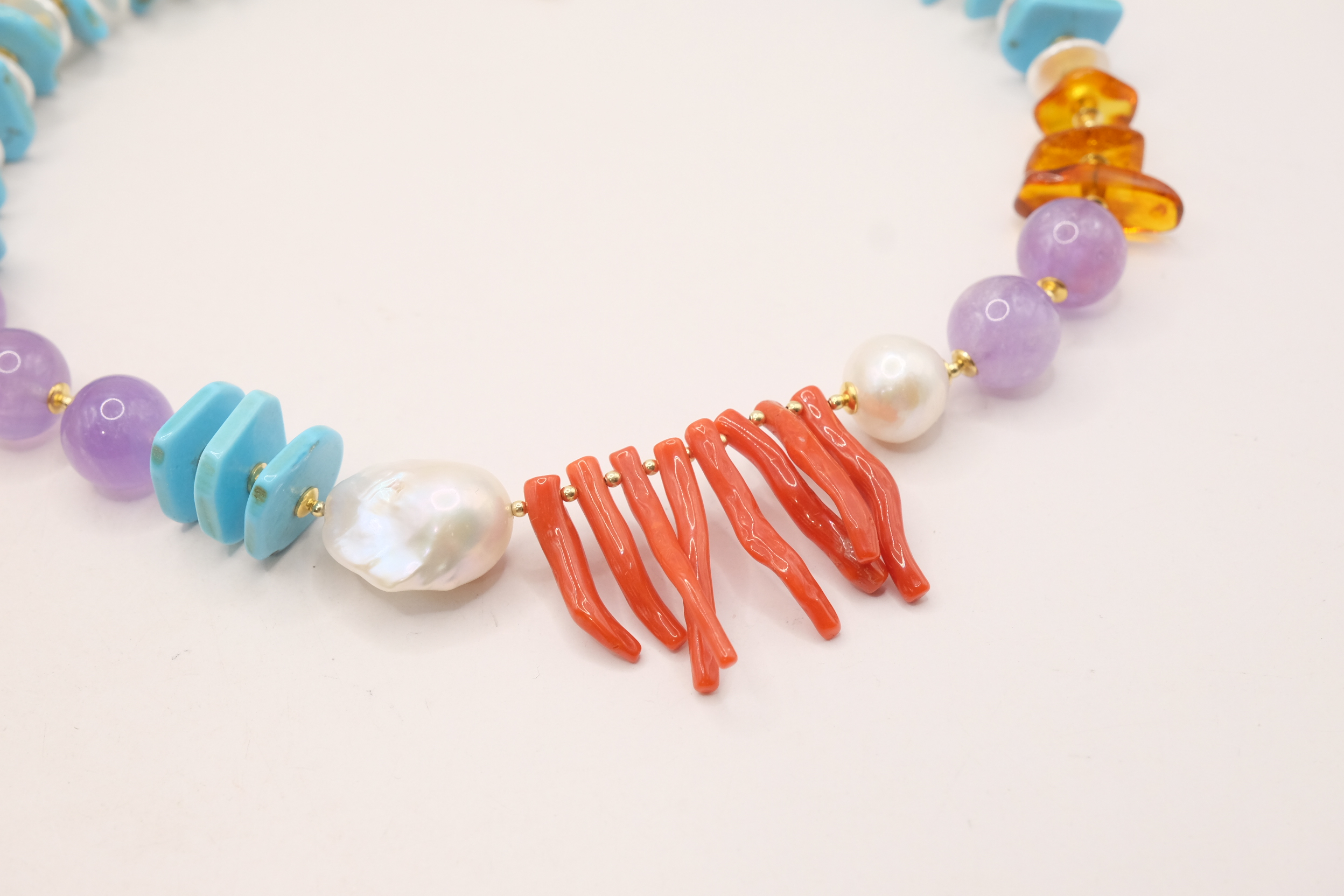 COLLANA TURCHESE NATURALE PERLE A DISCHETTO TURCHESE NATURALE CORALLO DEL MEDITERRANEO AMBRA DEL BALTICO ARGENTO DORATO (4)