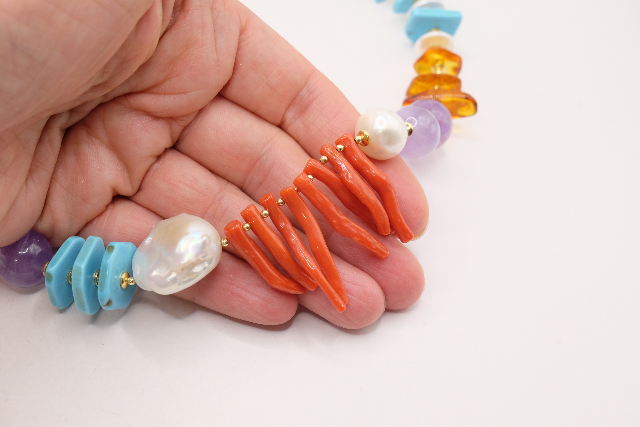 COLLANA TURCHESE NATURALE PERLE A DISCHETTO TURCHESE NATURALE CORALLO DEL MEDITERRANEO AMBRA DEL BALTICO ARGENTO DORATO (5)