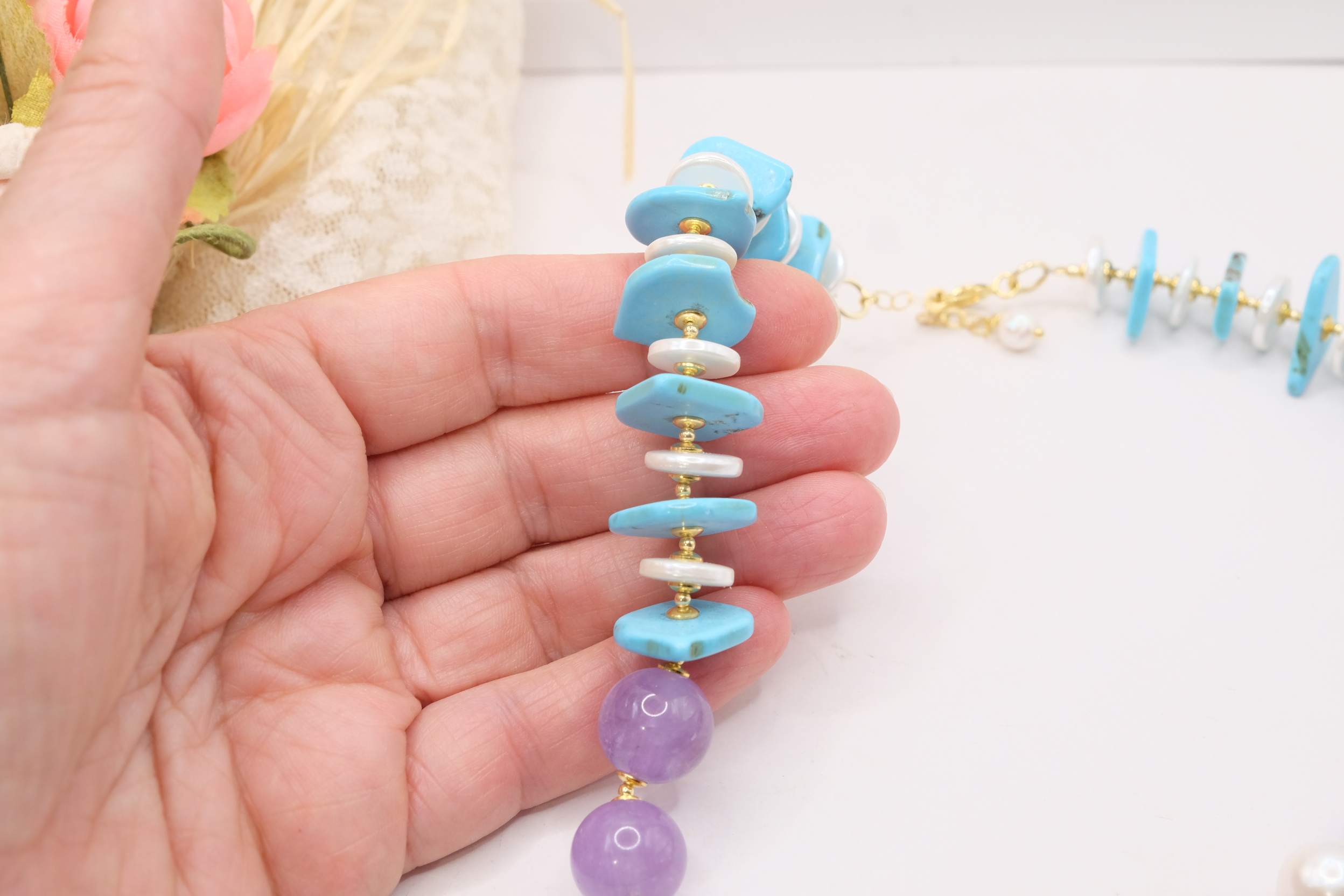 COLLANA TURCHESE NATURALE PERLE A DISCHETTO TURCHESE NATURALE CORALLO DEL MEDITERRANEO AMBRA DEL BALTICO ARGENTO DORATO (6)