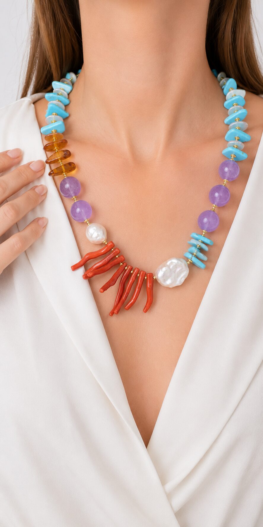 COLLANA TURCHESE NATURALE PERLE A DISCHETTO TURCHESE NATURALE CORALLO DEL MEDITERRANEO AMBRA DEL BALTICO ARGENTO DORATO