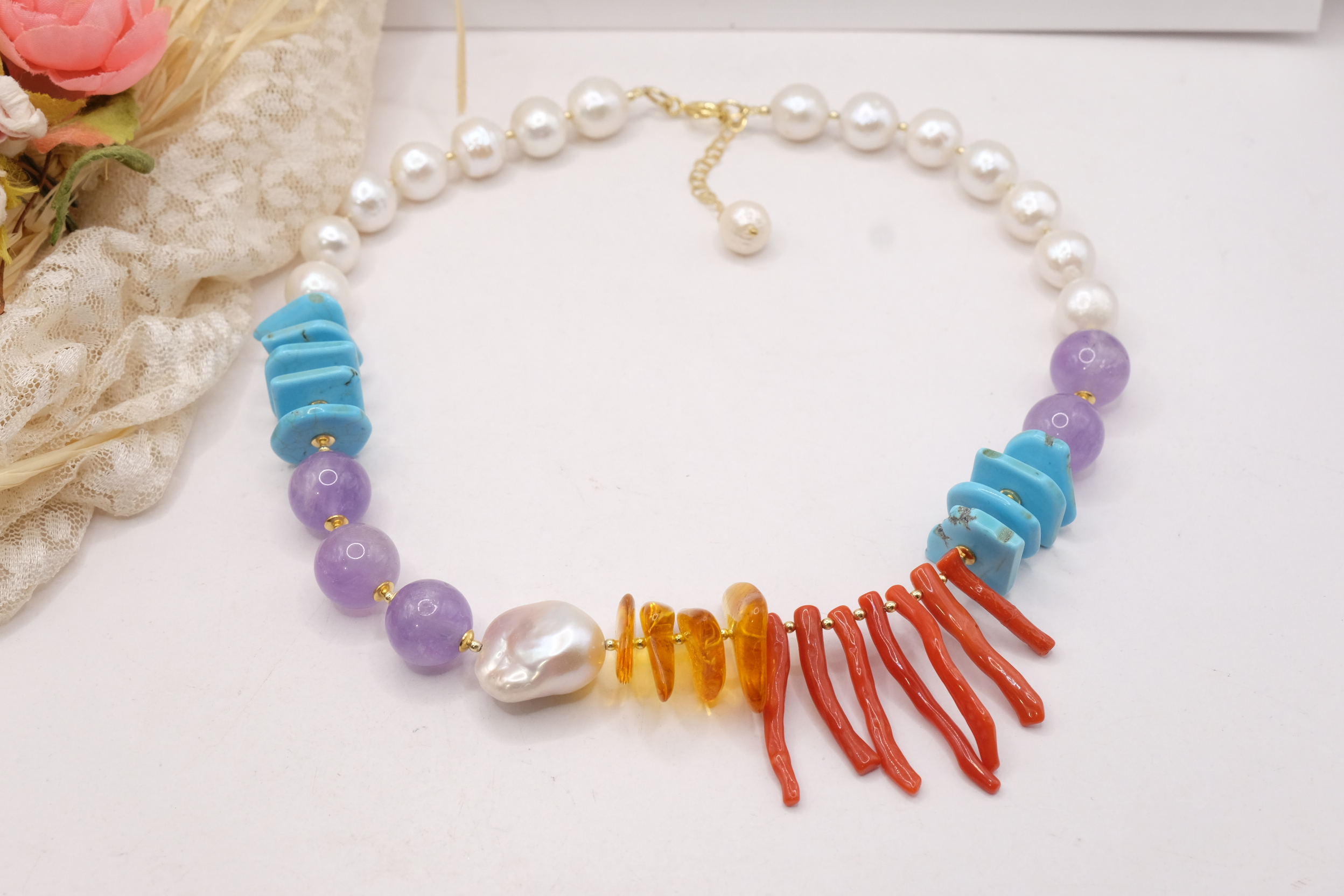 COLLANA TURCHESE NATURALE PERLE BAROCCHE TURCHESE NATURALE CORALLO DEL MEDITERRANEO AMBRA DEL BALTICO ARGENTO DORATO (3)