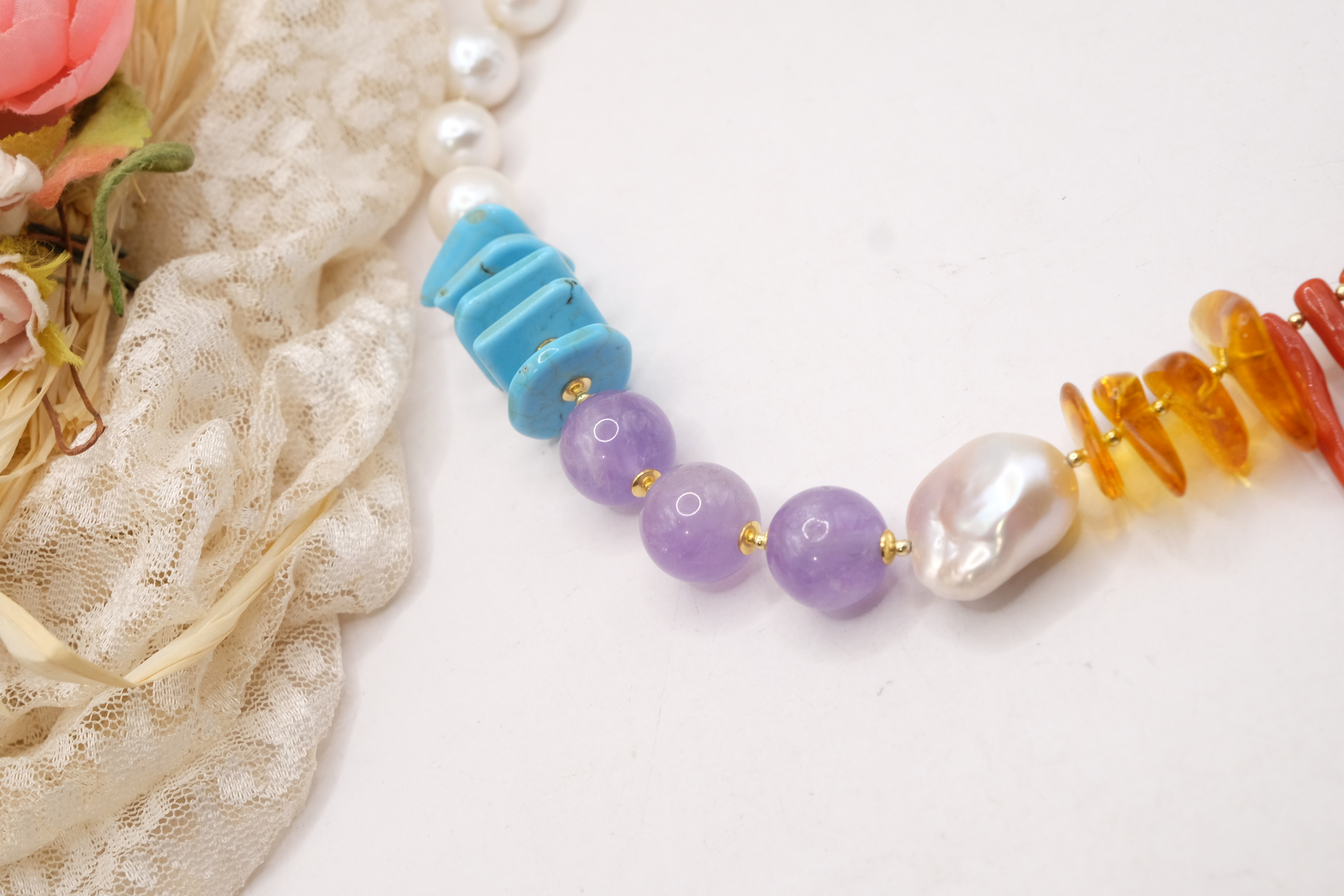 COLLANA TURCHESE NATURALE PERLE BAROCCHE TURCHESE NATURALE CORALLO DEL MEDITERRANEO AMBRA DEL BALTICO ARGENTO DORATO (4)