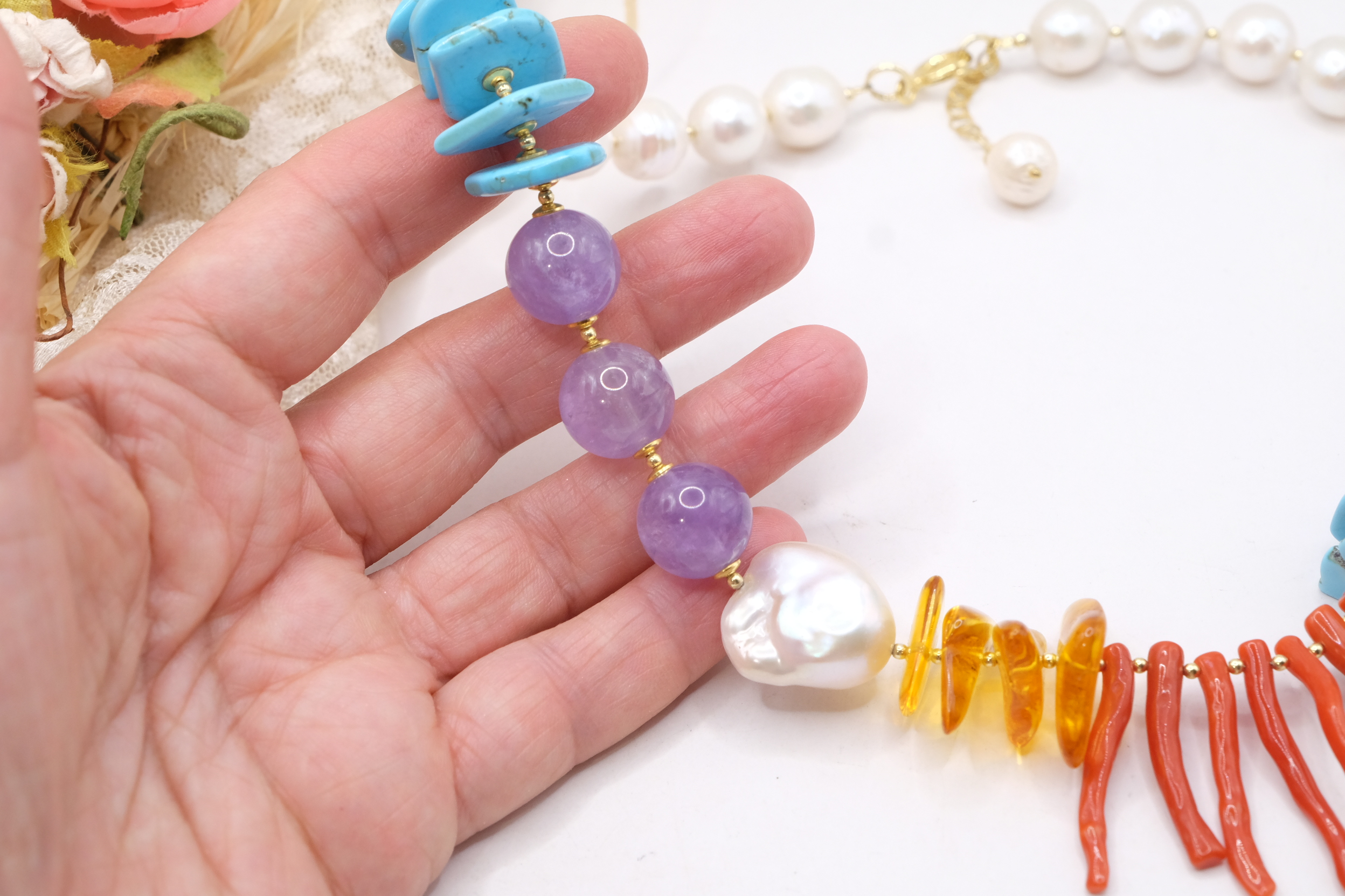 COLLANA TURCHESE NATURALE PERLE BAROCCHE TURCHESE NATURALE CORALLO DEL MEDITERRANEO AMBRA DEL BALTICO ARGENTO DORATO (7)