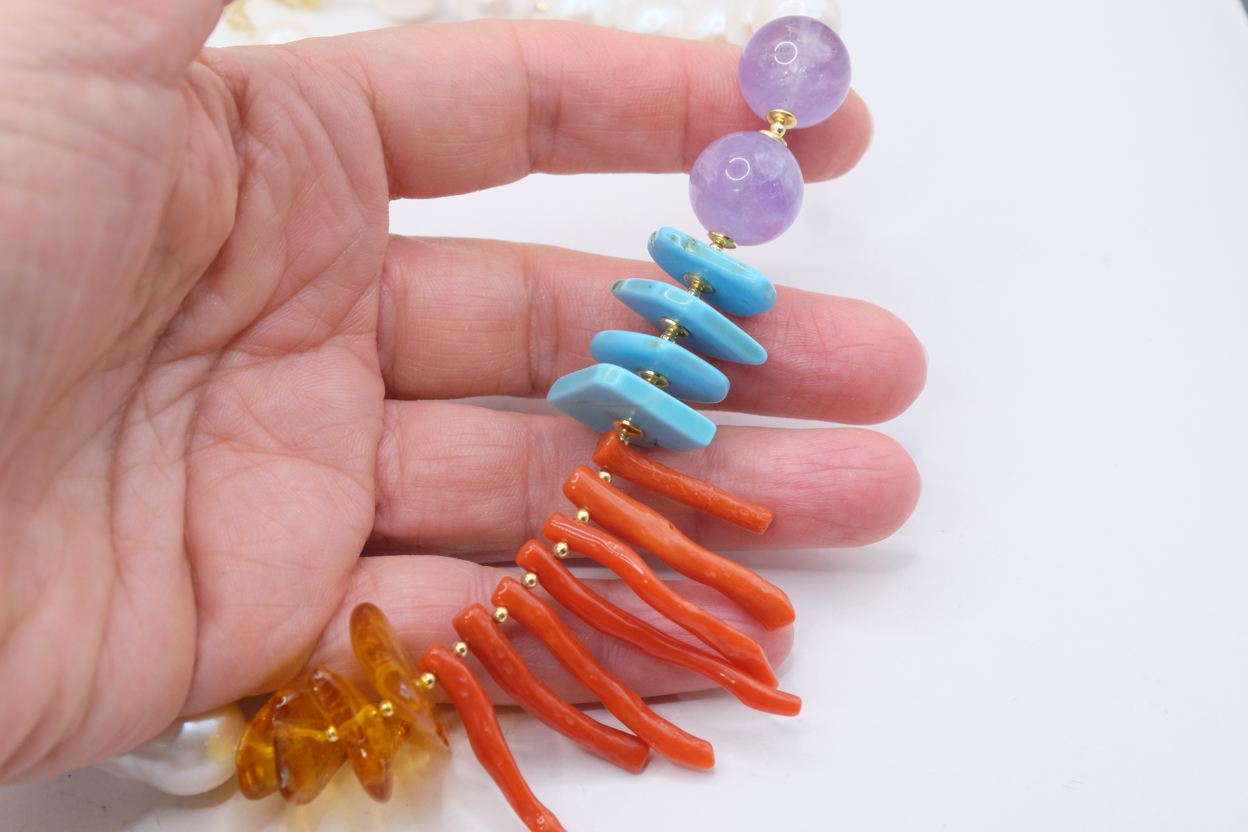 COLLANA TURCHESE NATURALE PERLE BAROCCHE TURCHESE NATURALE CORALLO DEL MEDITERRANEO AMBRA DEL BALTICO ARGENTO DORATO (8)