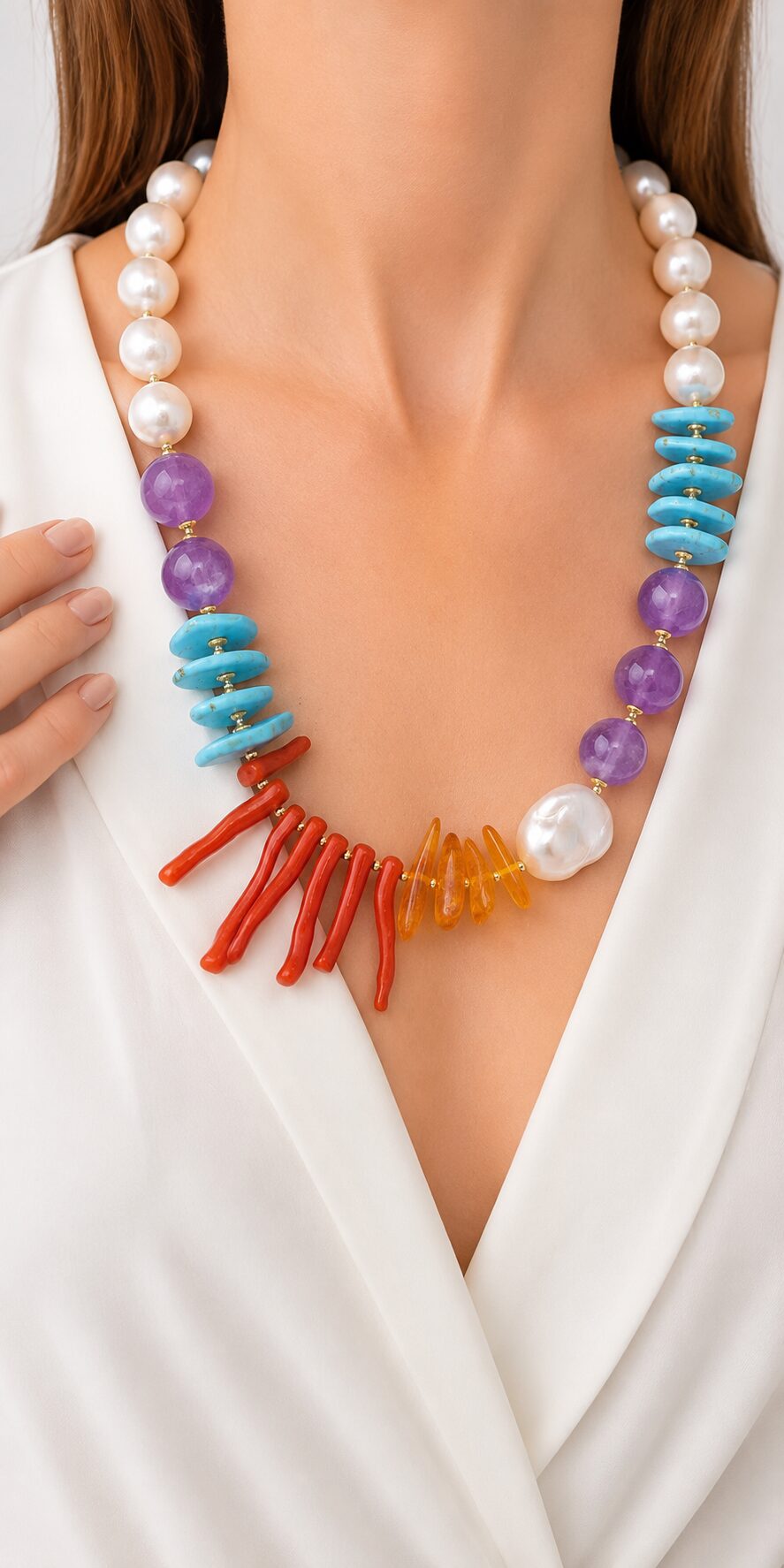 COLLANA TURCHESE NATURALE PERLE BAROCCHE TURCHESE NATURALE CORALLO DEL MEDITERRANEO AMBRA DEL BALTICO ARGENTO DORATO