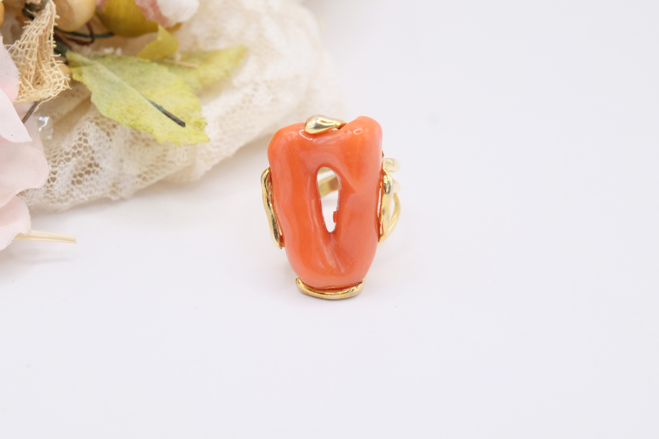 ANELLO ARTIGIANALE IMPORTANTE CORALLO MEDITERRANEO ARGENTO 925 PLACCATO ORO (2)