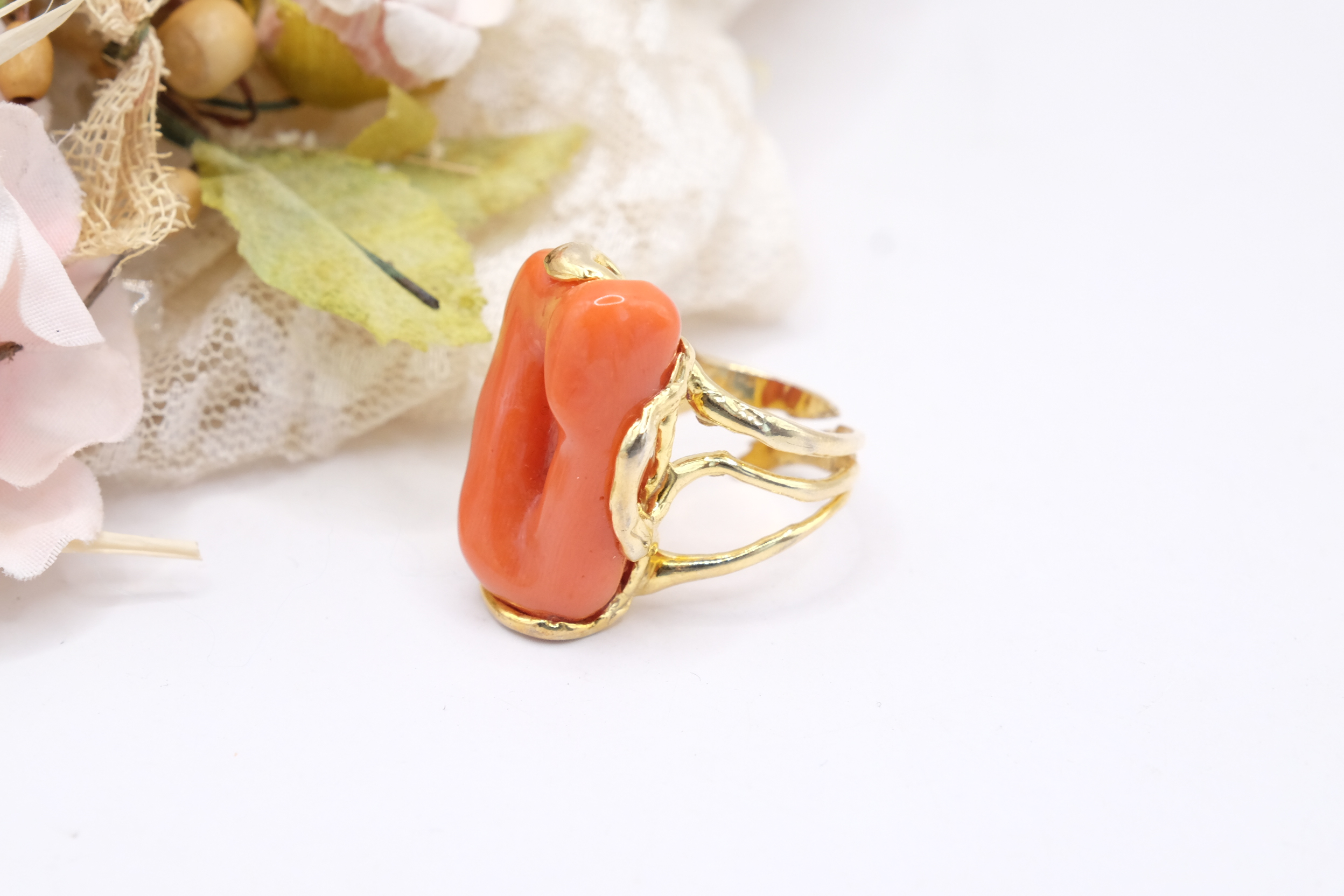 ANELLO ARTIGIANALE IMPORTANTE CORALLO MEDITERRANEO ARGENTO 925 PLACCATO ORO (3)