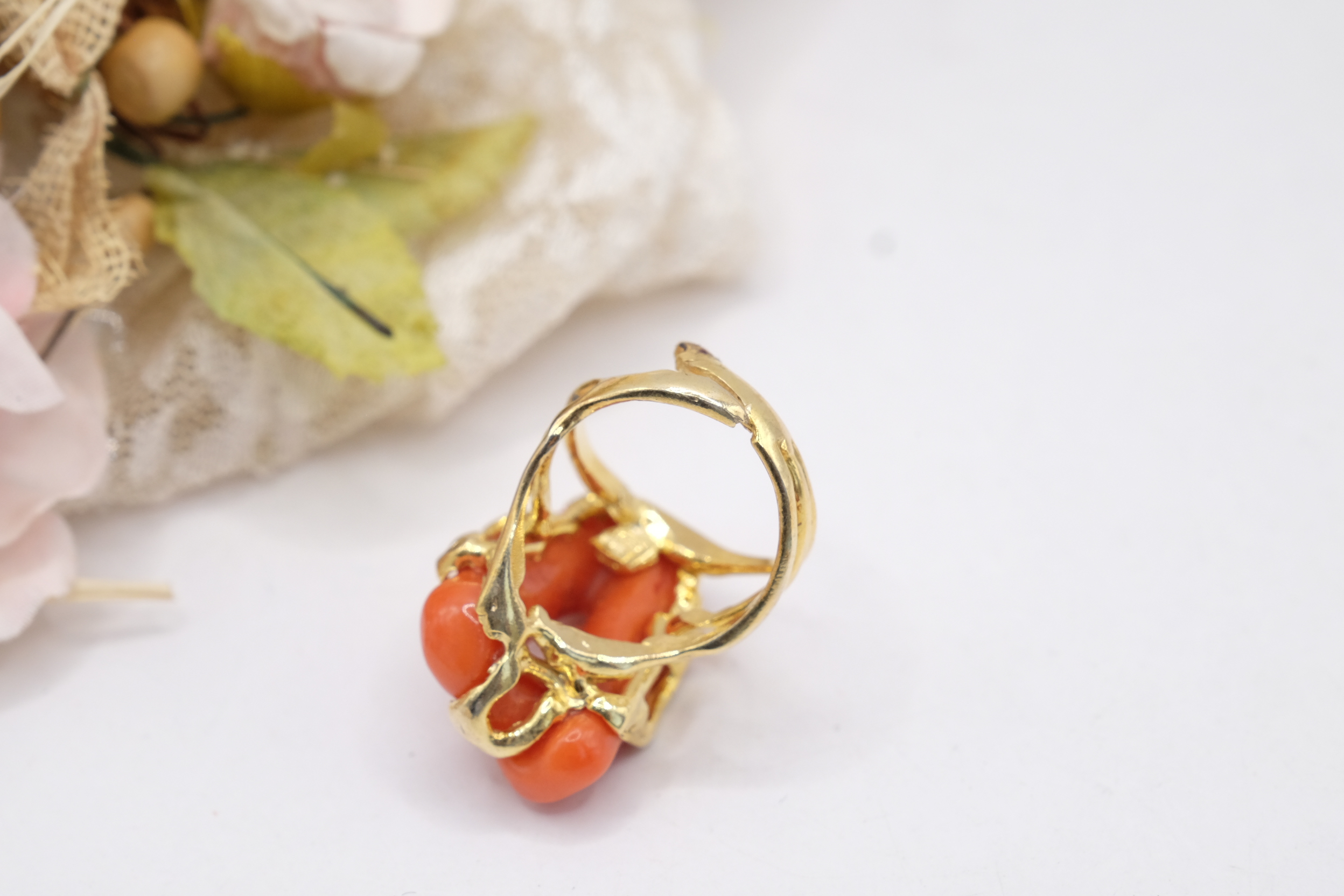 ANELLO ARTIGIANALE IMPORTANTE CORALLO MEDITERRANEO ARGENTO 925 PLACCATO ORO (4)