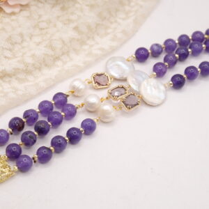Bracciale Multifilo Ametista Viola Ematite Perle Cristalli Filigrana