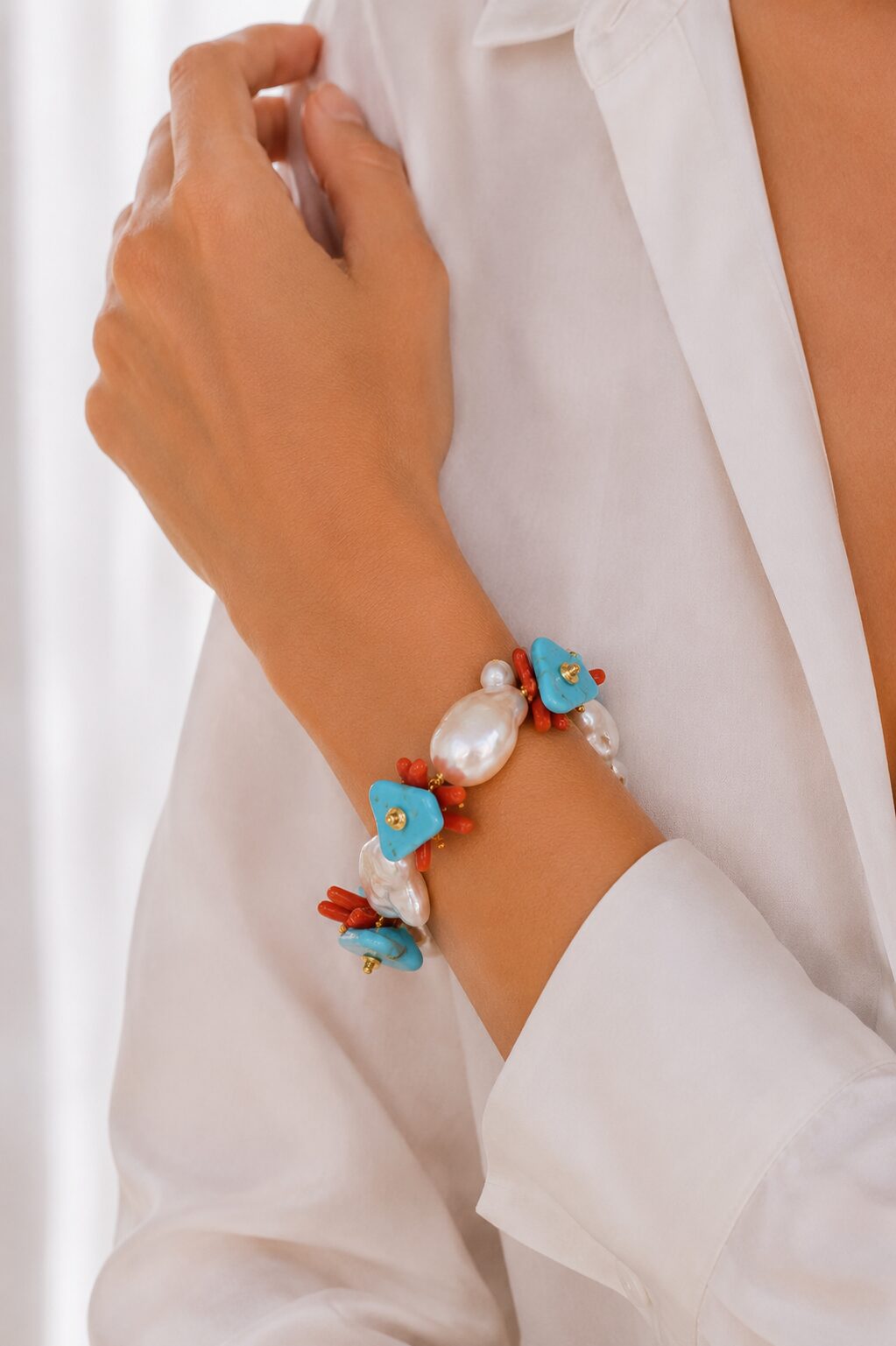 BRACCIALE ARTIGIANALE TURCHESE NATURALE PERLE NATURALI CORALLO NATURALE ARGENTO 925 PLACCATO ORO