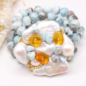 Bracciale Elasticizzato 3 fili Larimar Ambra Perle Naturali Tessito