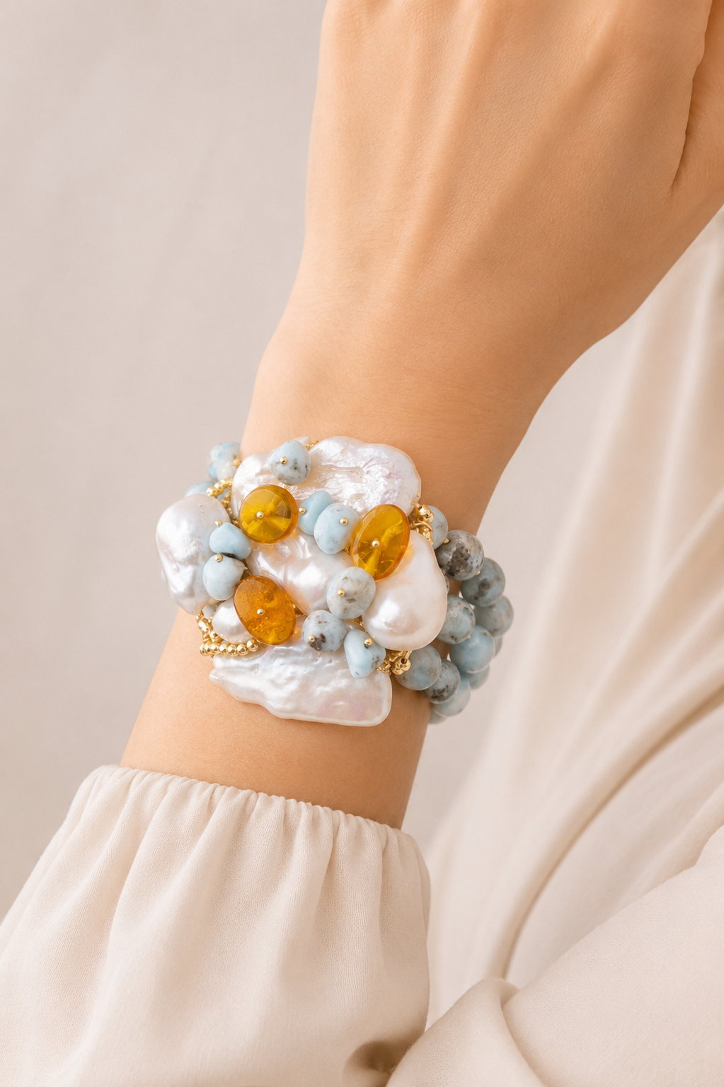 BRACCIALE LARIMAR AMBRA PERLE NATURALI