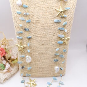 Collana 2 Fili "Gocce di mare" Larimar Perle Stelle Marine Argento 925