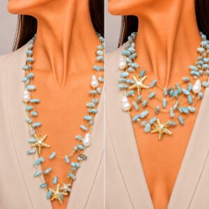 Collana 2 Fili "Gocce di mare" Larimar Perle Stelle Marine Argento 925