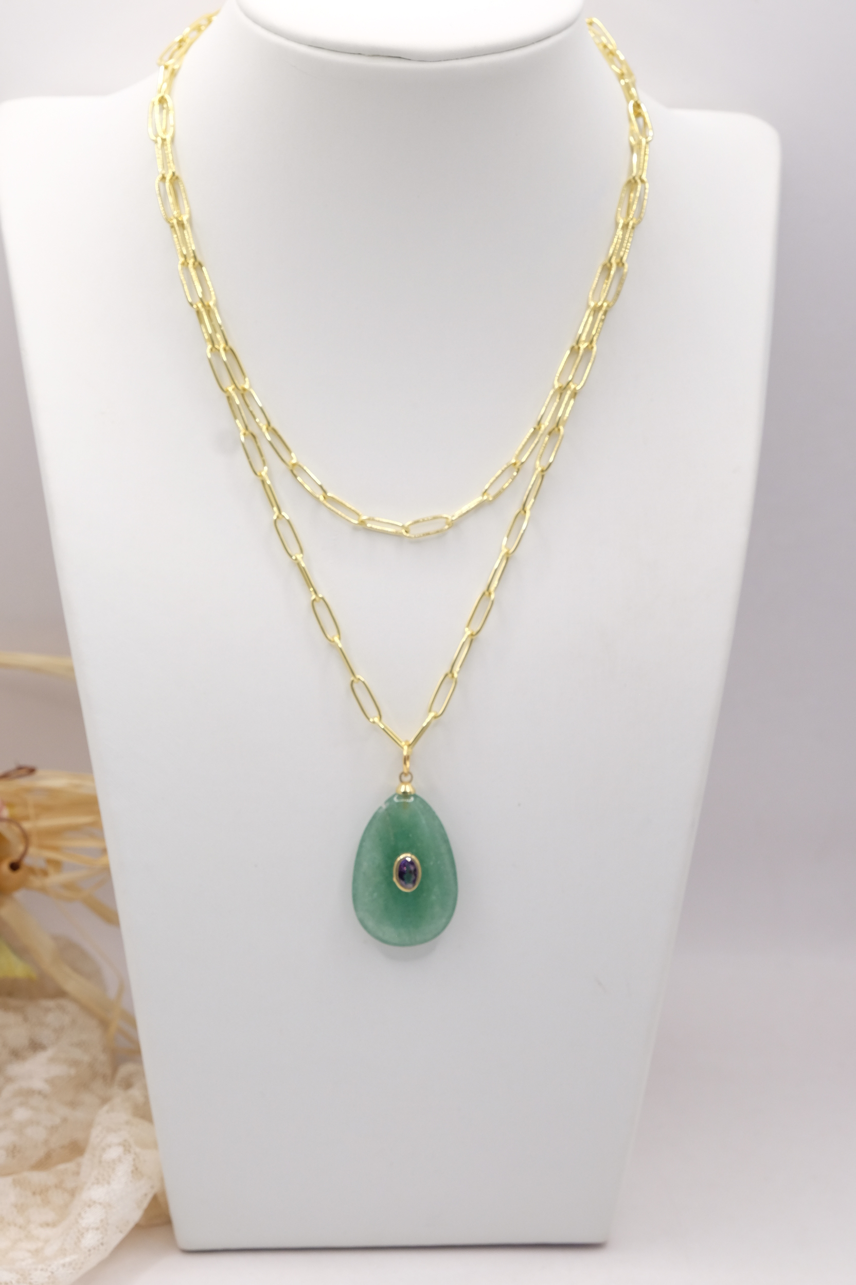 COLLANA ACCIAIO CIONDOLO GIADA VERDE E ZIRCONE (2)