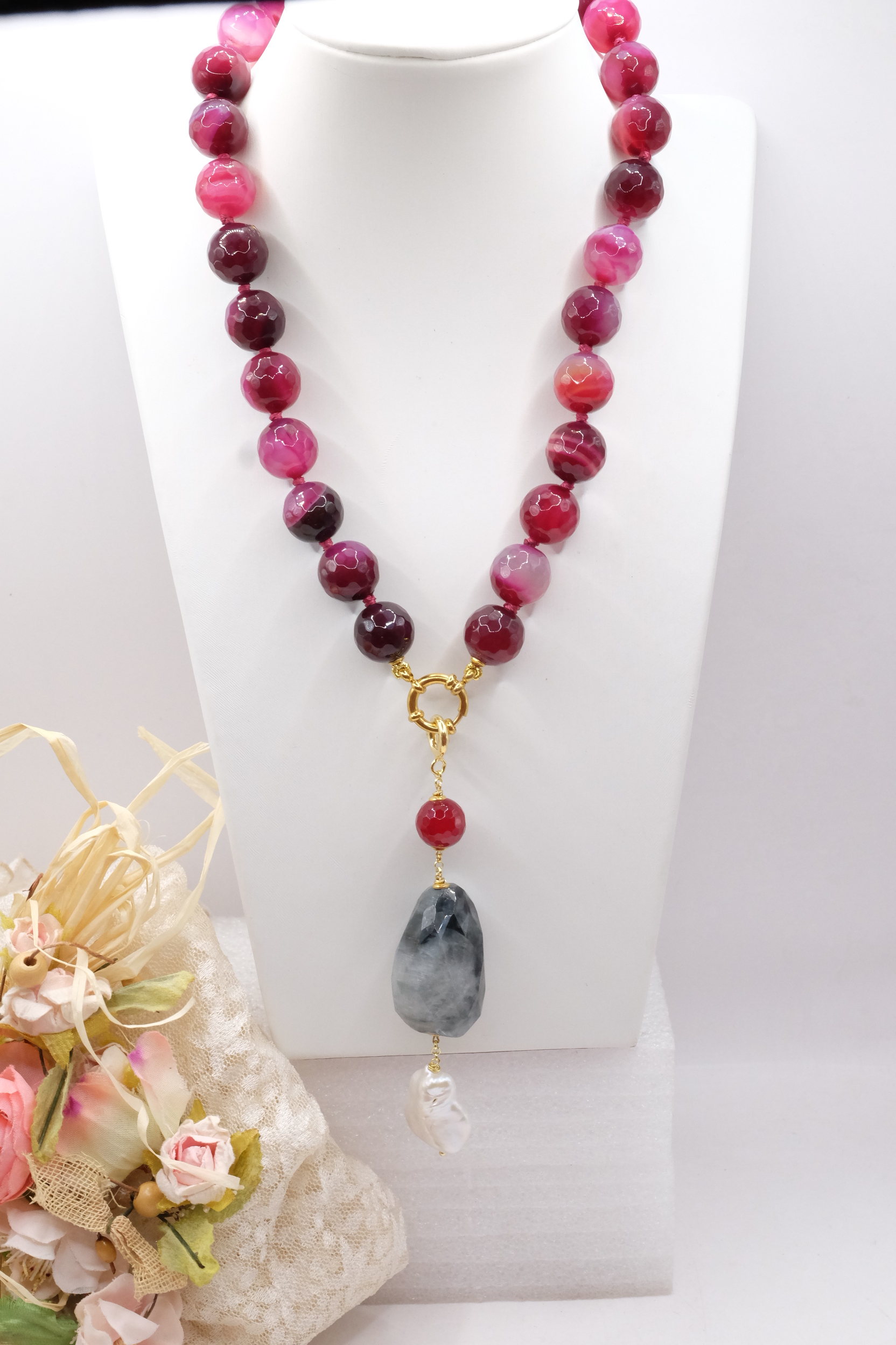 COLLANA AGATA BORGOGNA VARIEGATA LABRADORITE PERLE ARGENTO PLACCATO ORO (1)