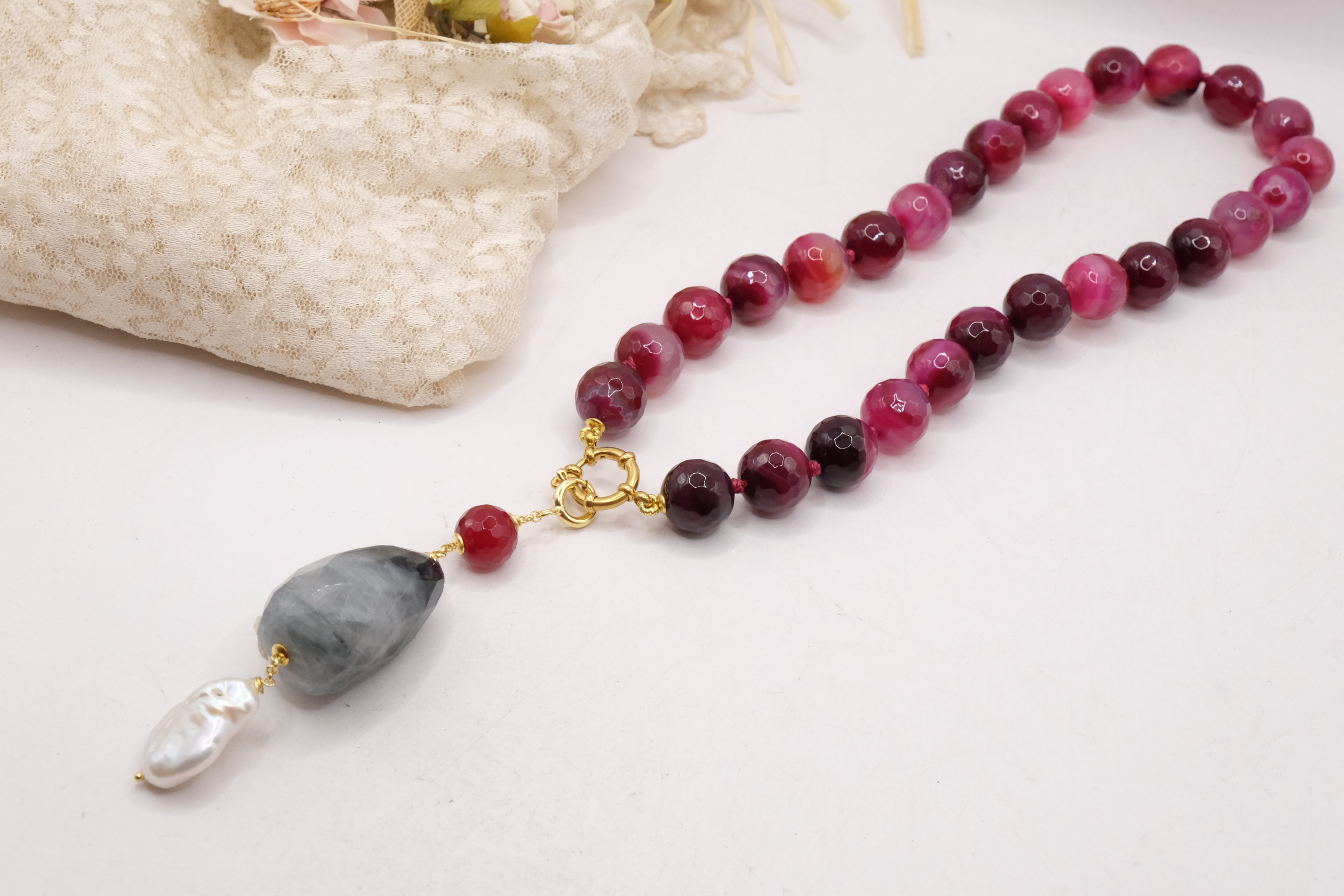 COLLANA AGATA BORGOGNA VARIEGATA LABRADORITE PERLE ARGENTO PLACCATO ORO (2)