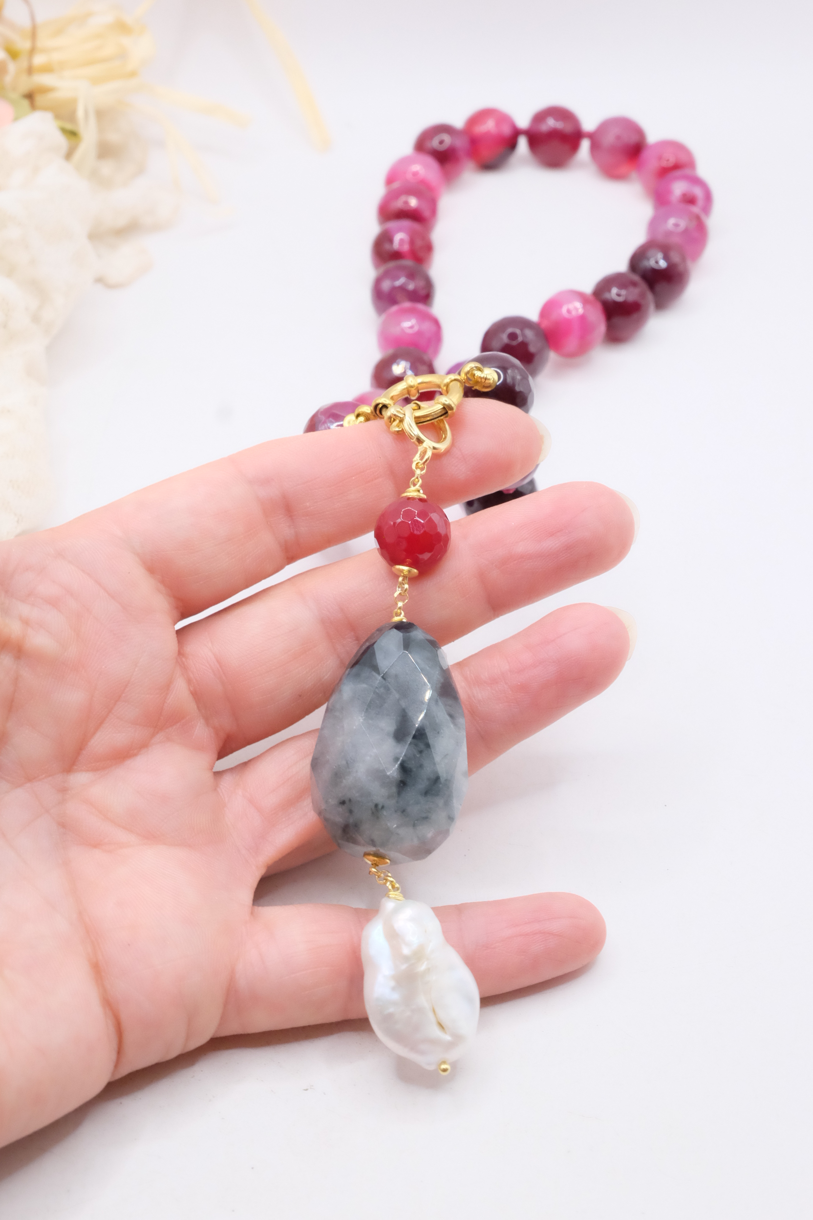 COLLANA AGATA BORGOGNA VARIEGATA LABRADORITE PERLE ARGENTO PLACCATO ORO (3)