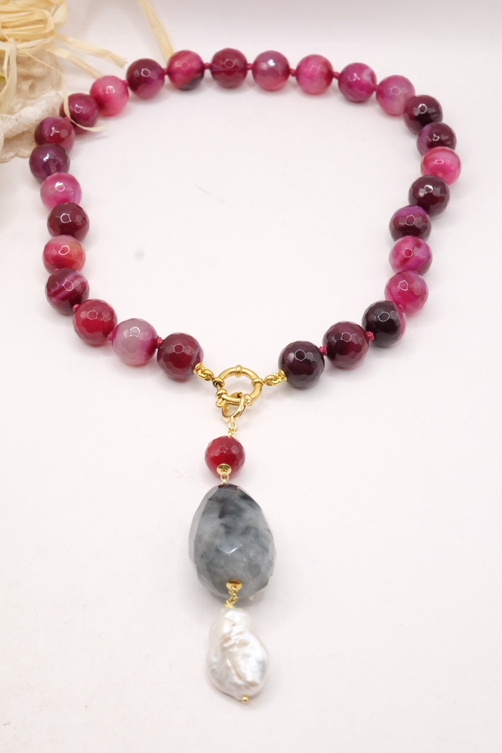 COLLANA AGATA BORGOGNA VARIEGATA LABRADORITE PERLE ARGENTO PLACCATO ORO (5)