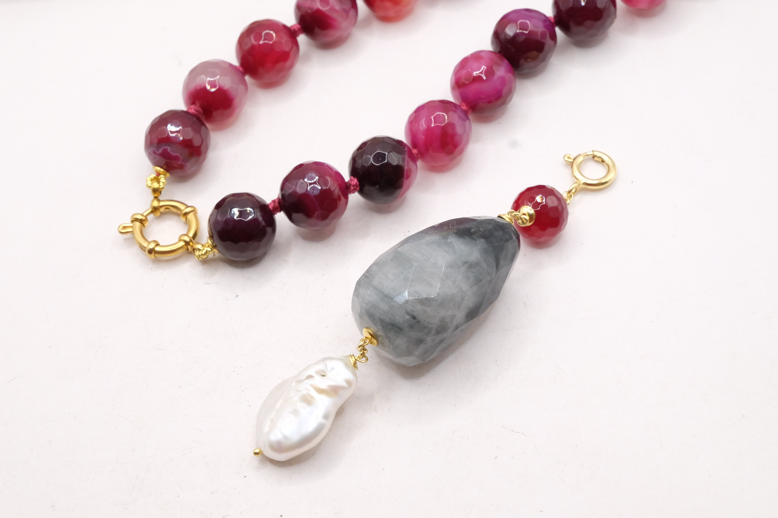 COLLANA AGATA BORGOGNA VARIEGATA LABRADORITE PERLE ARGENTO PLACCATO ORO (6)