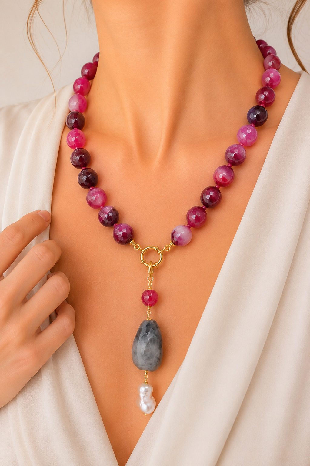 COLLANA AGATA BORGOGNA VARIEGATA LABRADORITE PERLE ARGENTO PLACCATO ORO