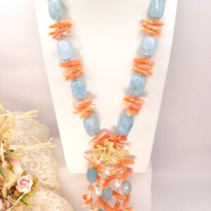 Collana Artigianale Corallo Acquamarina Ramo Argento Staccabile