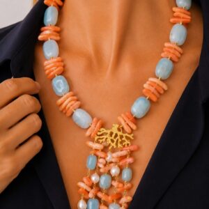 Collana Artigianale Corallo Acquamarina Ramo Argento Staccabile