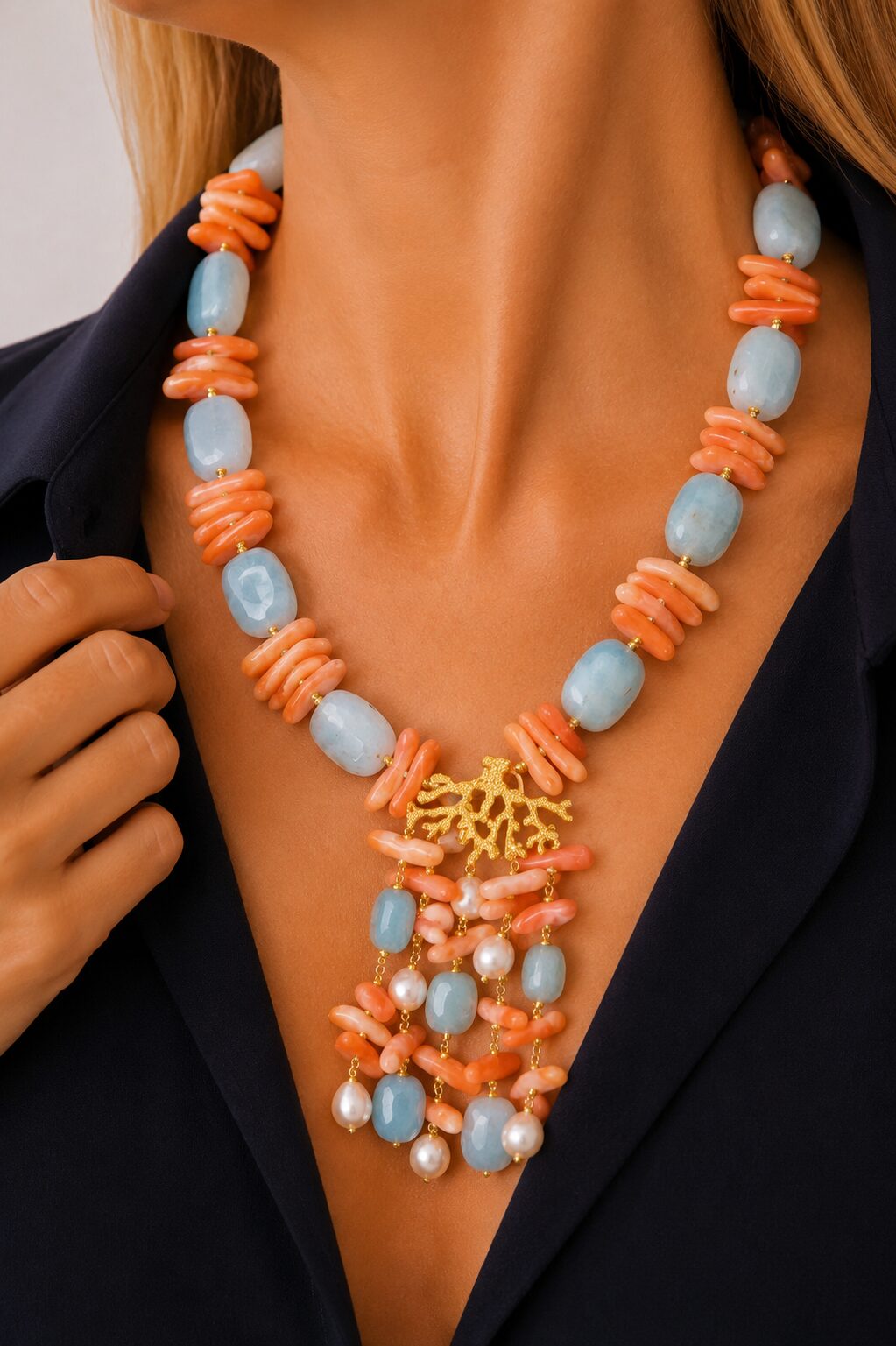COLLANA ARTIGIANALE ACQUAMARINA CORALLO NATURALE DEL MEDITERRANEO RAMO CORALLO ARGENTO 925 DORATO STACCABILE