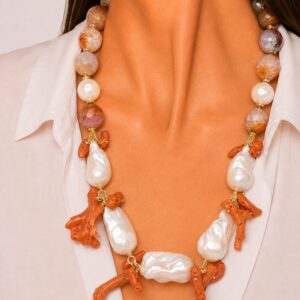 Collana Agata Botswana Perle Corallo Naturale Argento Dorato