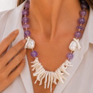 Collana Ametista Perle Naturali Corallo Bianco Naturale