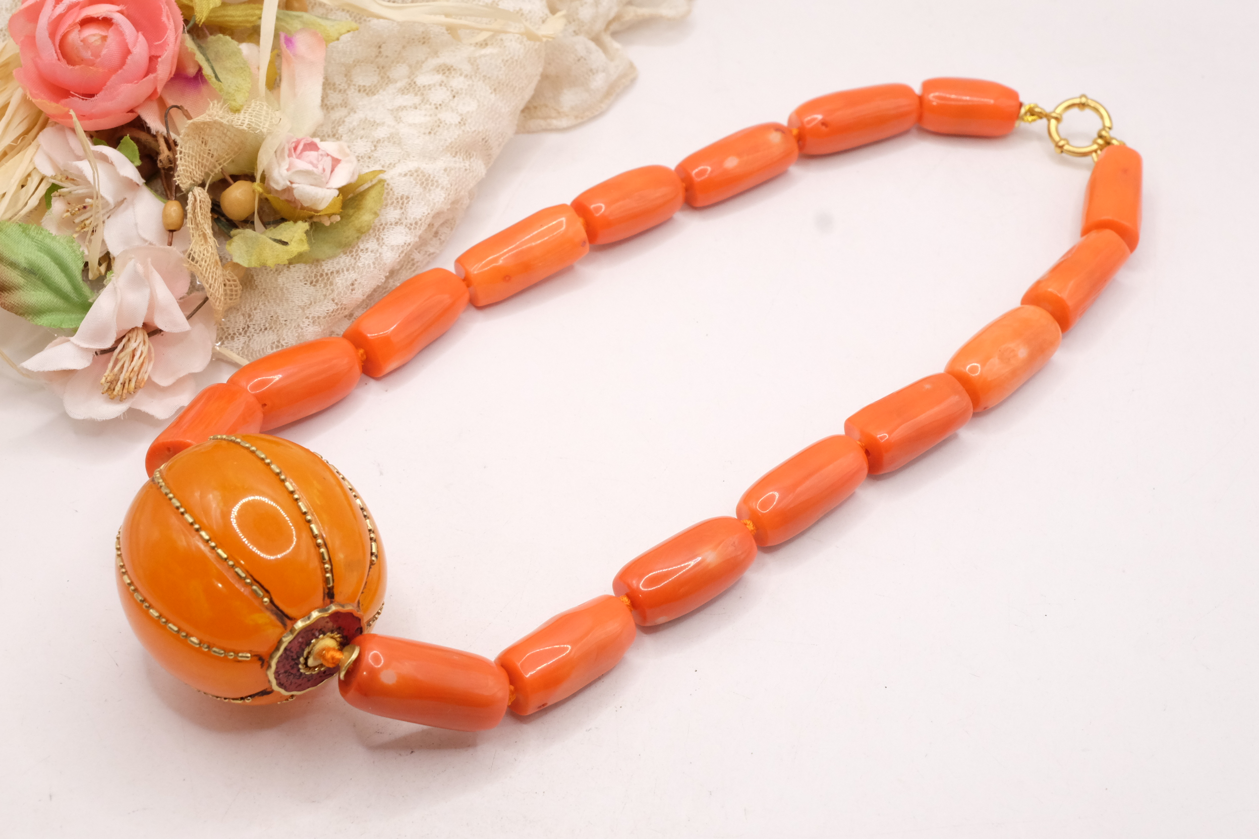 COLLANA ARTIGIANALE CORALLO BAMBOO ELEMENTO NEPALESE BIG ACCIAIO (1)