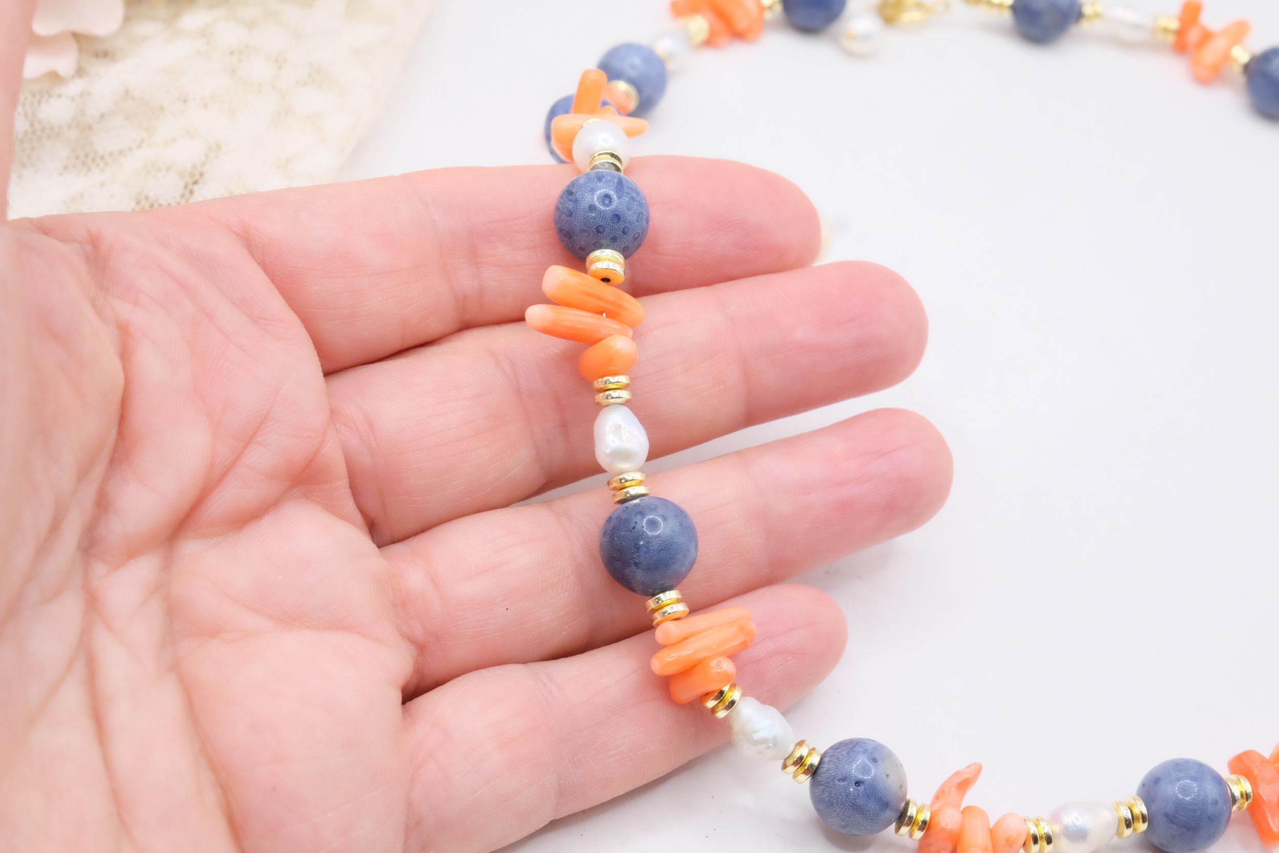 COLLANA ARTIGIANALE CORALLO BLU PERLE CORALLO BAMBOO ARGENTO DORATO (4)