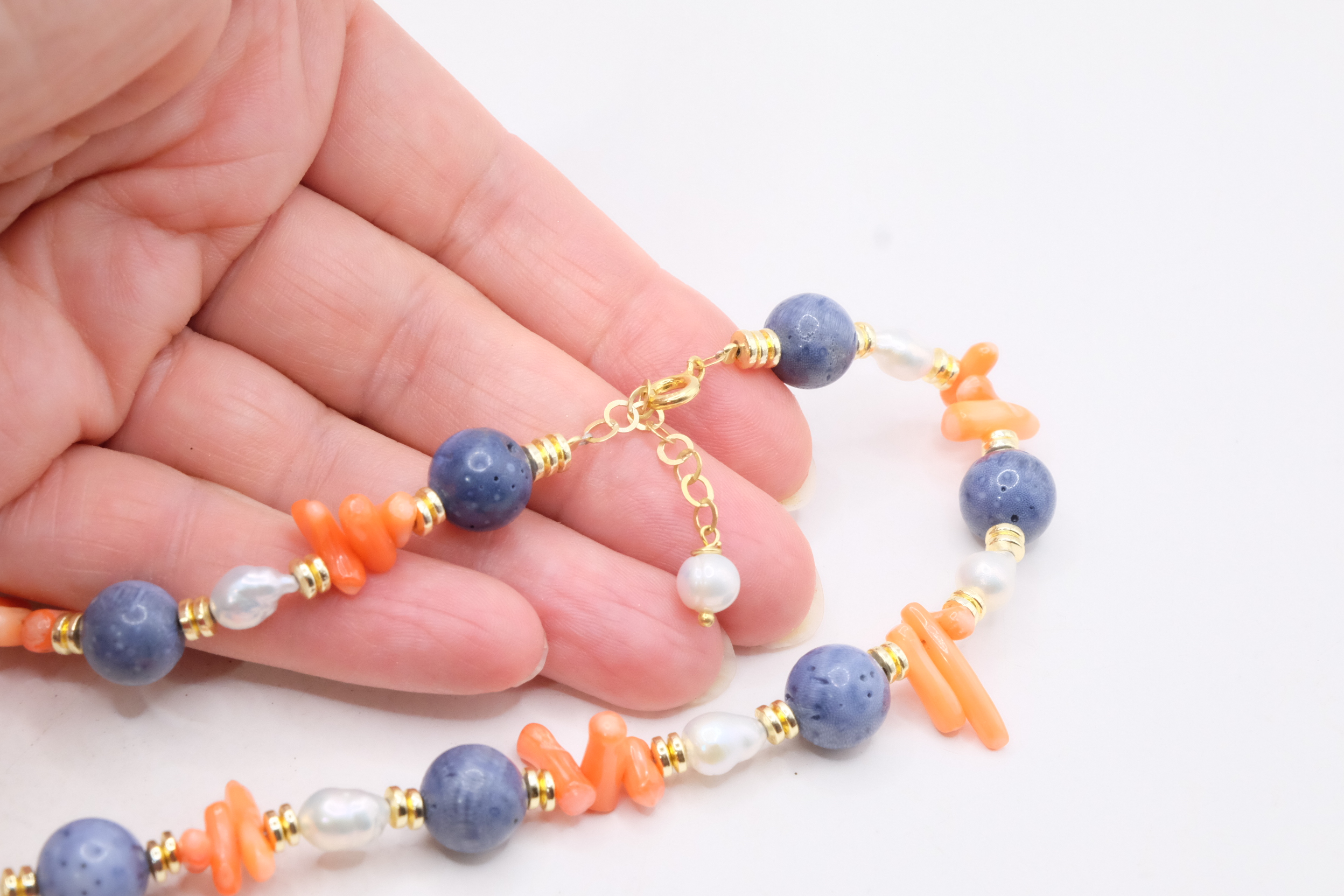 COLLANA ARTIGIANALE CORALLO BLU PERLE CORALLO BAMBOO ARGENTO DORATO (5)